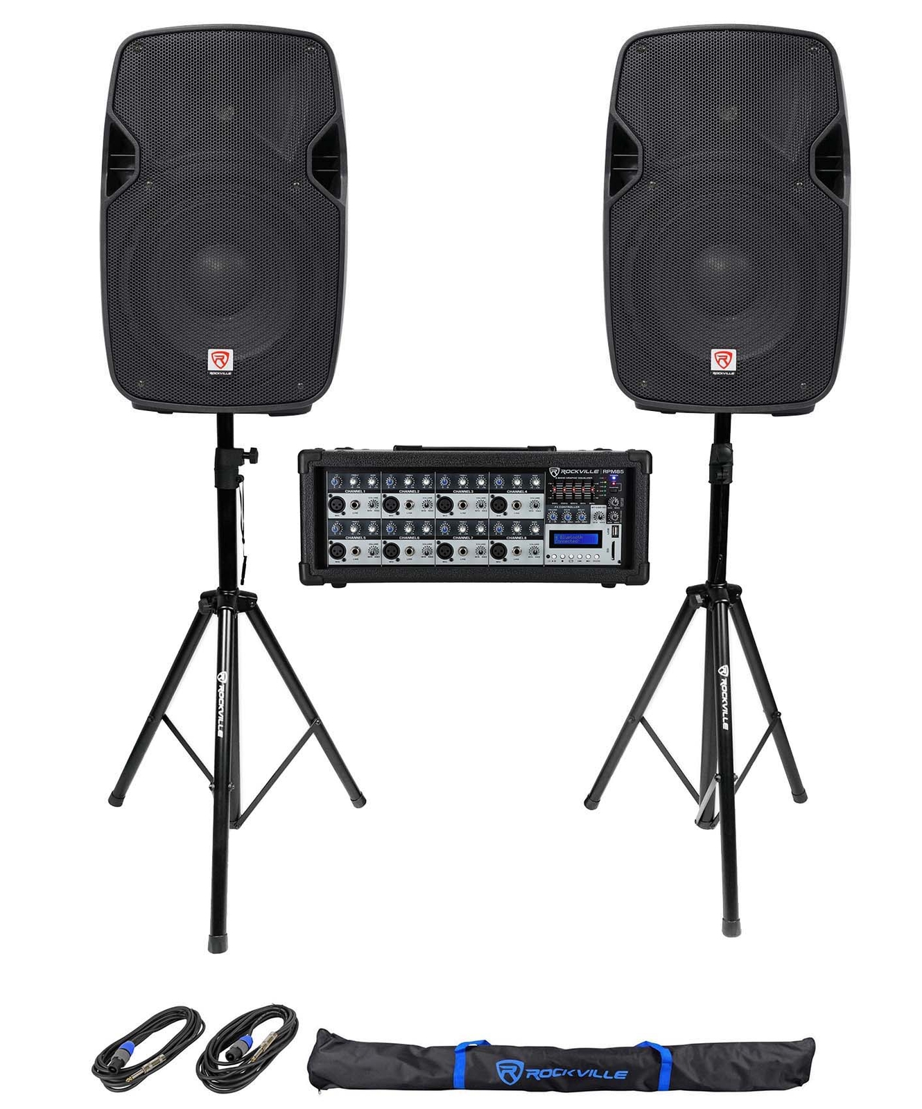 (2) Rockville 10" 800w PA Speakers+Powered Mixer+Stands+Cables For Church/School