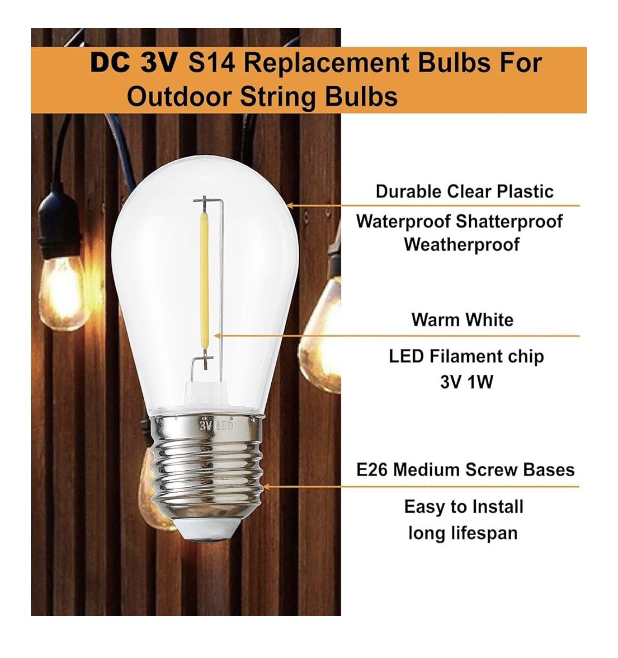 Energy-Efficient S14 LED String Light Bulbs Replacement Solar-Powered, 16 Bulbs