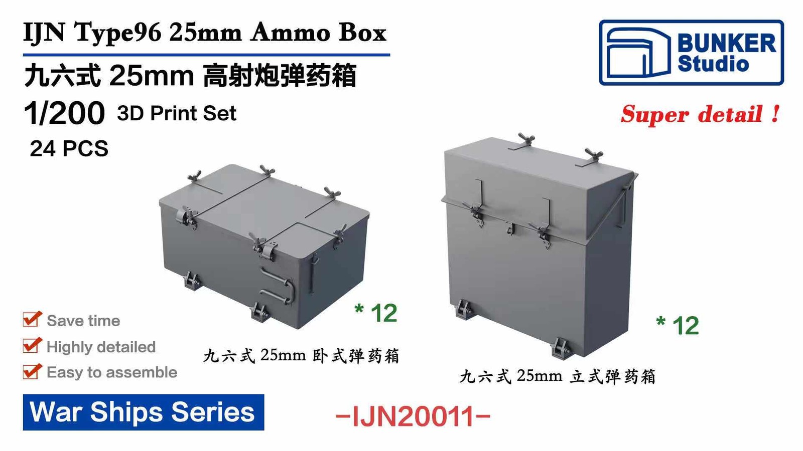 BUNKER IJN20011 IJN Type96 25mm Ammo Box 3D Print Set