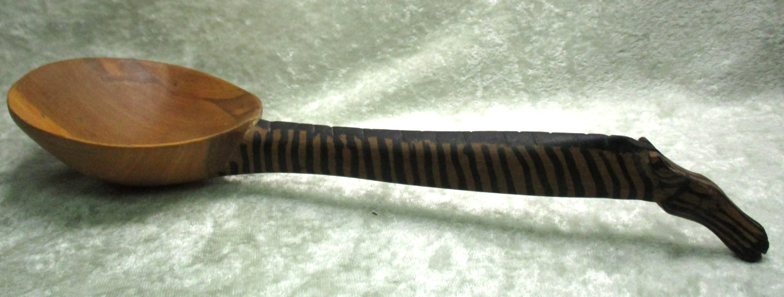 Carved Wood Spoon With Zebra Handle - 11" - Spoon is 3.75" x 3.5"