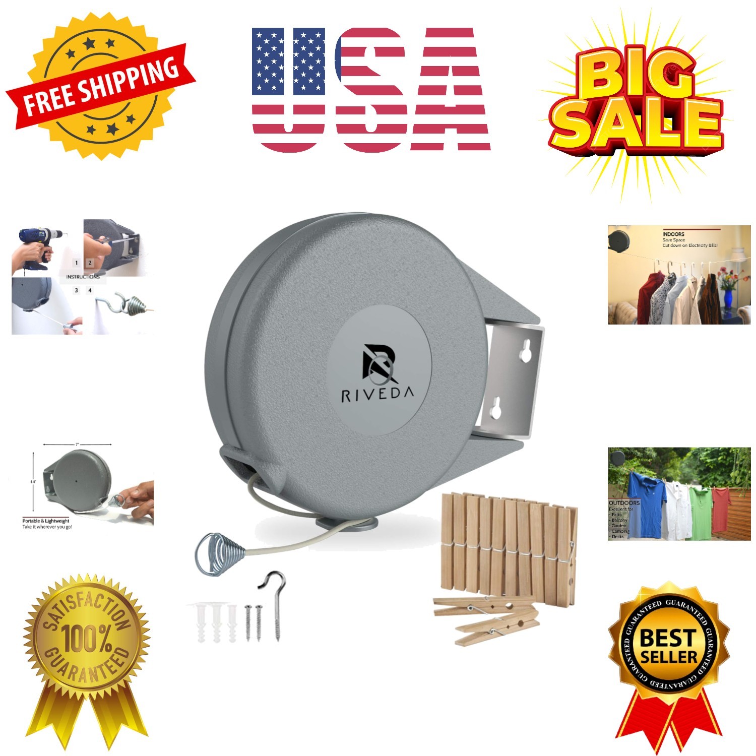 Retractable Clothesline - Portable Heavy Duty Indoor and Outdoor Washing Line...