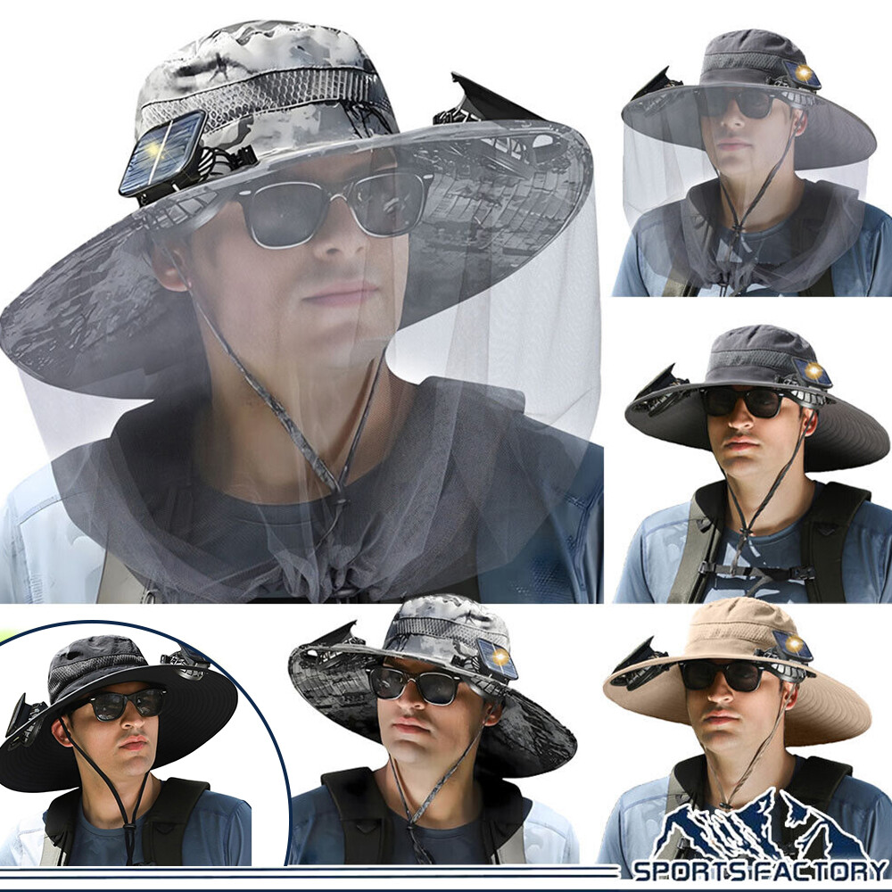 Solar Fan Hat Outdoor Fishing Sun Bucket with Dual & USB Powered With Head Net
