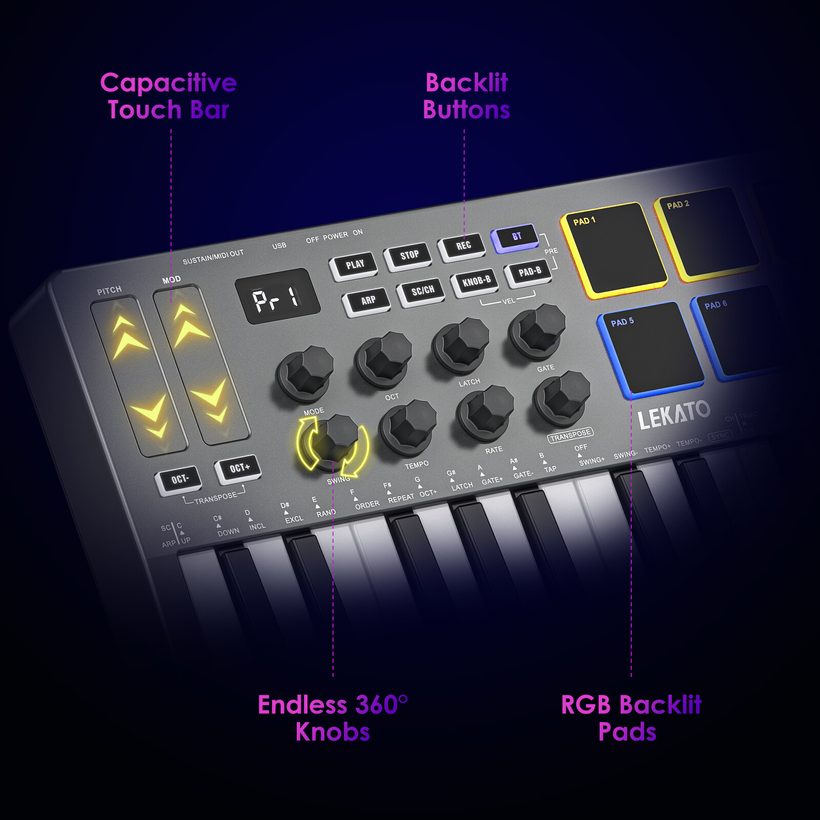 LEKATO 25 Key MIDI Keyboard with Smart Scale & Chord Mode Bluetooth Controller