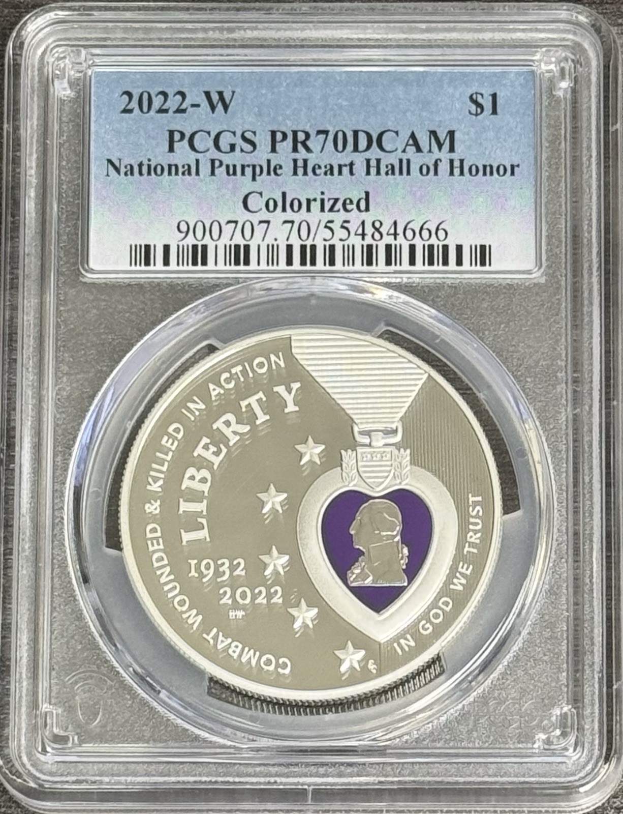 2022 W Proof Colorized Purple Heart Silver Dollar PCGS PR70DCAM
