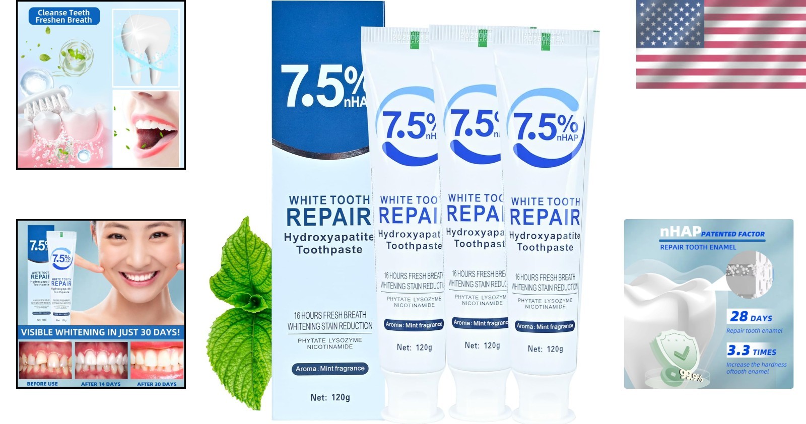 3-Pack Hydroxyapatite Toothpaste: Enamel Protection & Fresh Breath, 4.23 oz