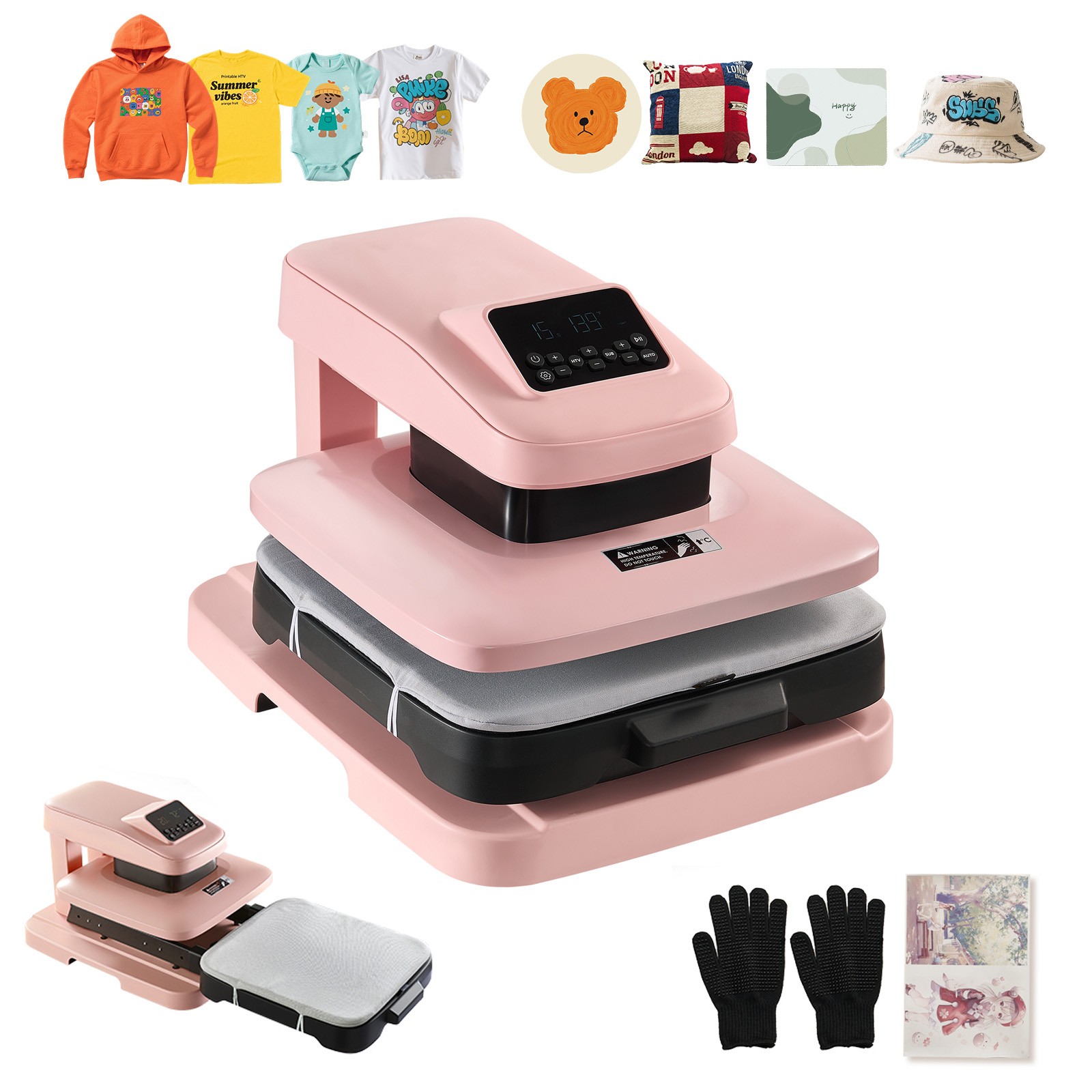 Uimoso Auto Heat Press Machine for T-Shirts, 15 x 15 in Digital Pink Press