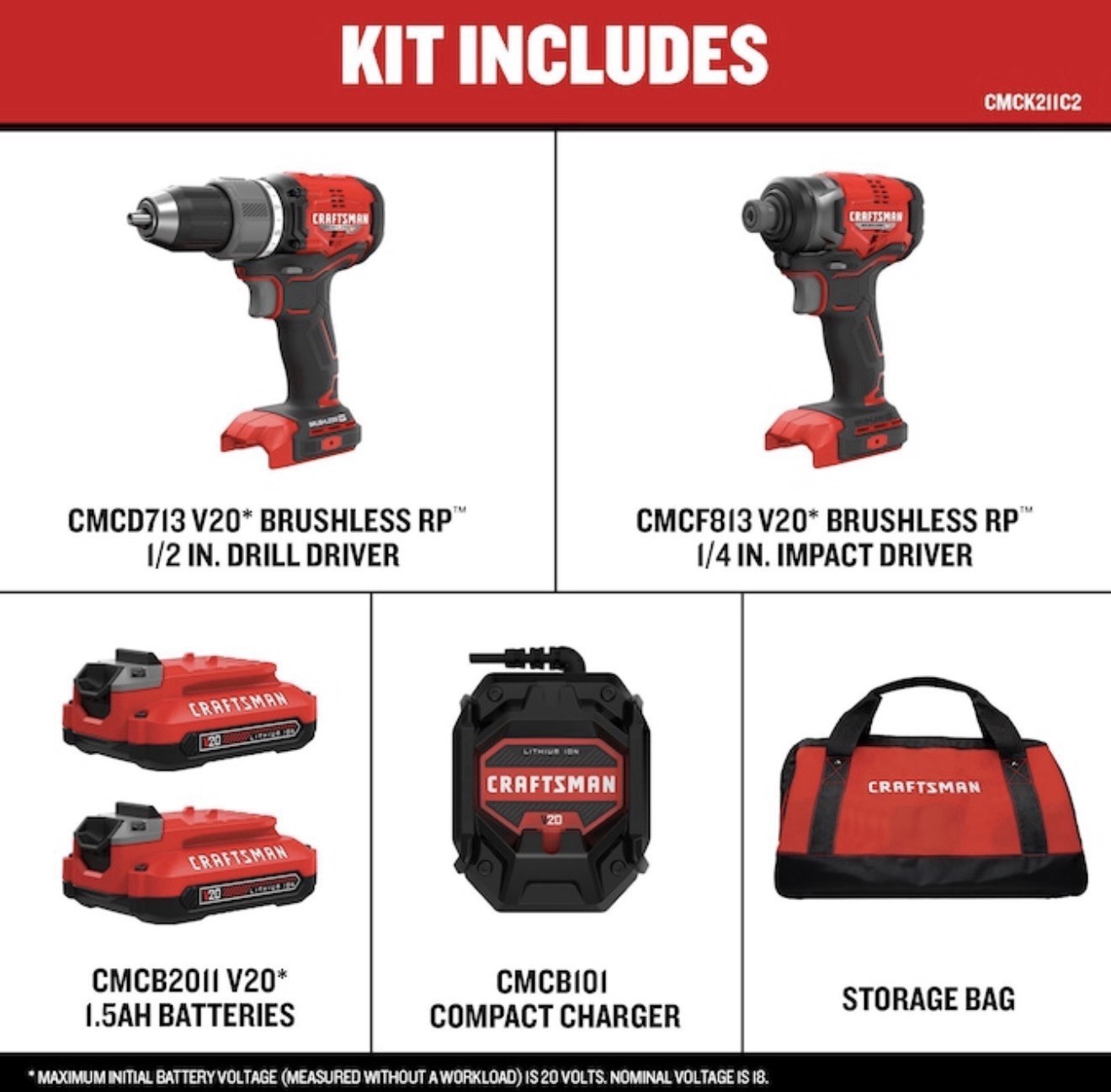 CRAFTSMAN V20 Brushless Drill & Impact Driver Combo Kit 2 Batteries/Bag
