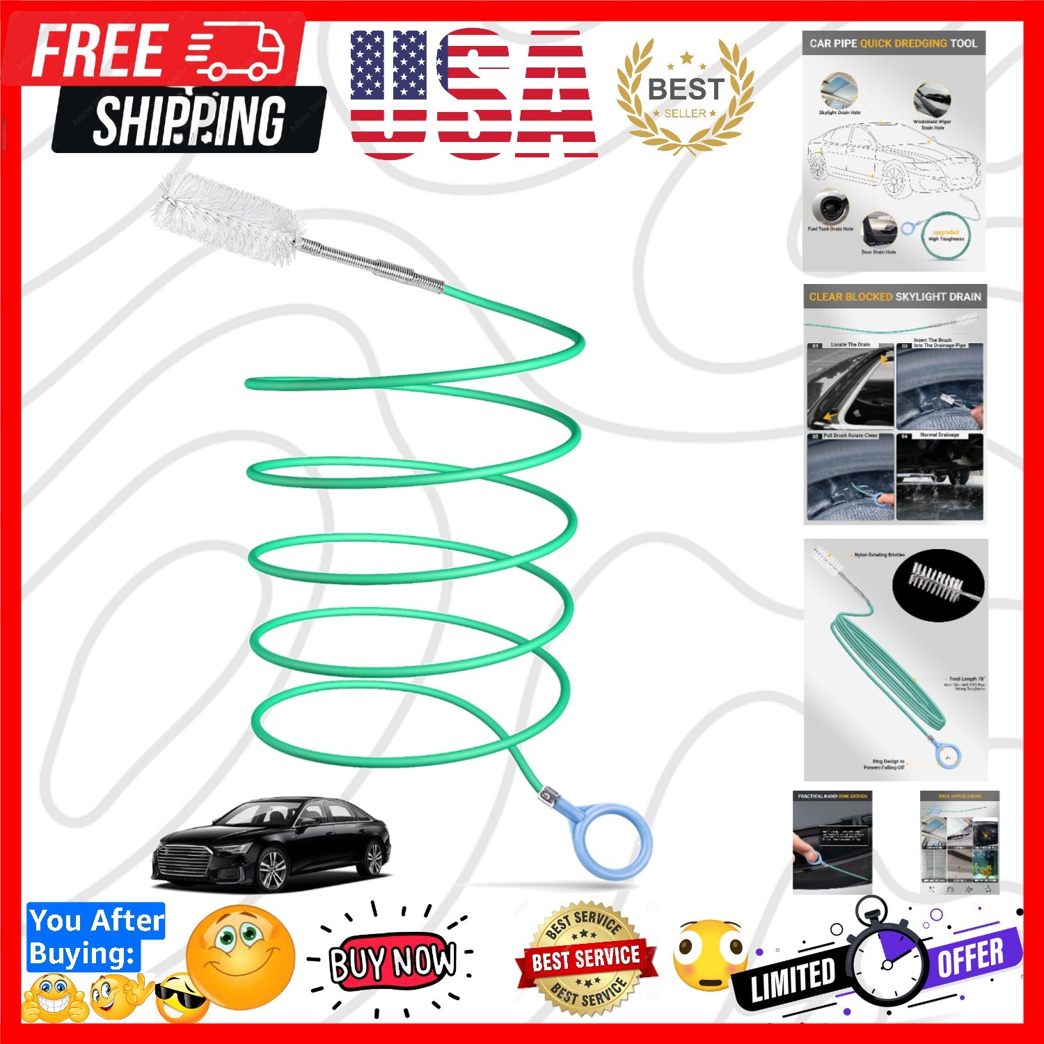 Upgraded Auto Sunroof Drain Cleaning Tool, 78 Inch Flexible Drain Brush Long ...