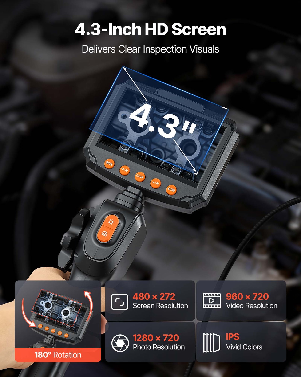 VEVOR 2-Way Articulating Borescope Camera Endoscope with 4.3" IPS Screen 8X Zoom