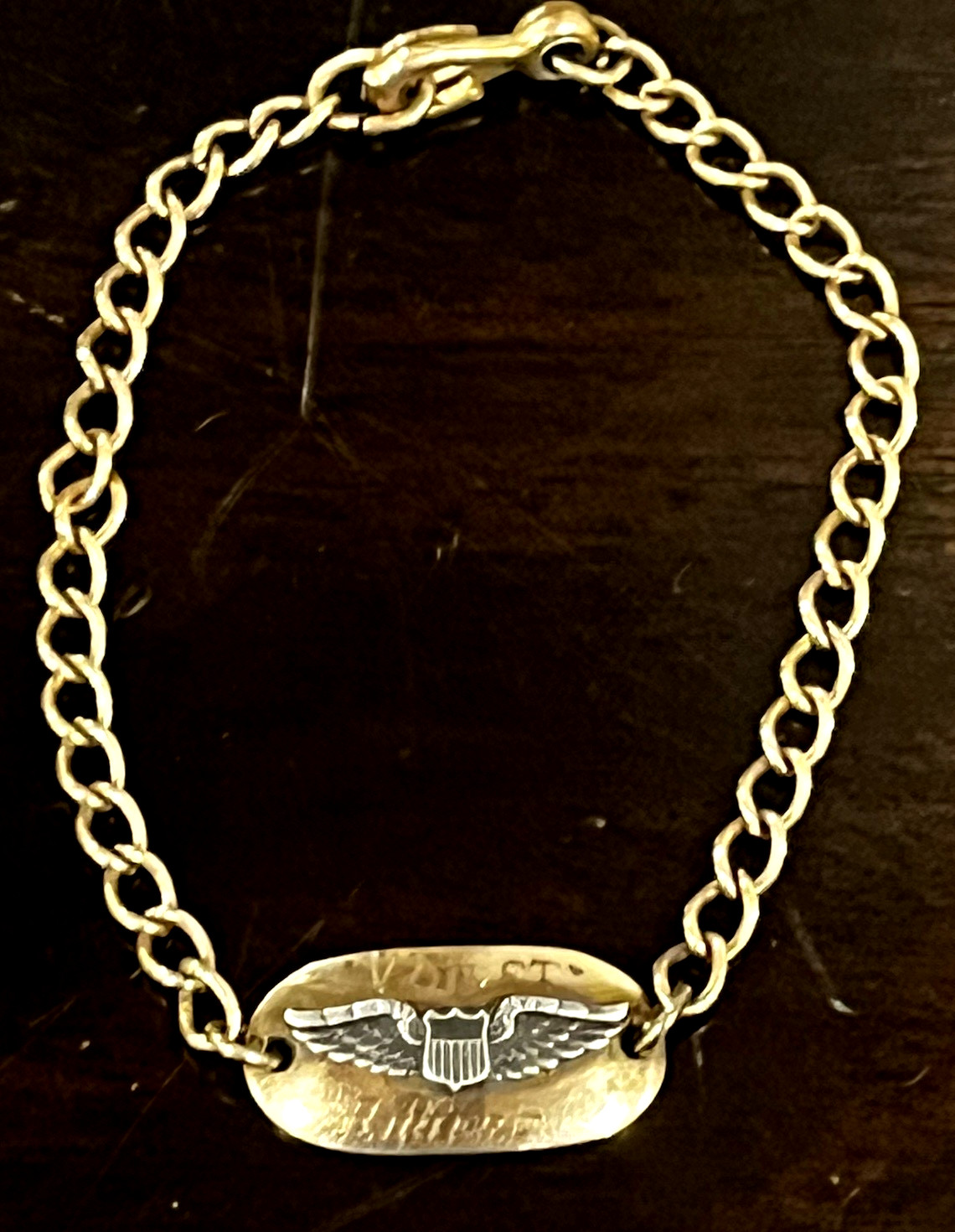 ANTIQUE WW2 RARE US AIR CORPS PILOT WINGS ID BRACELET 1-20-10k STERLING (10B)