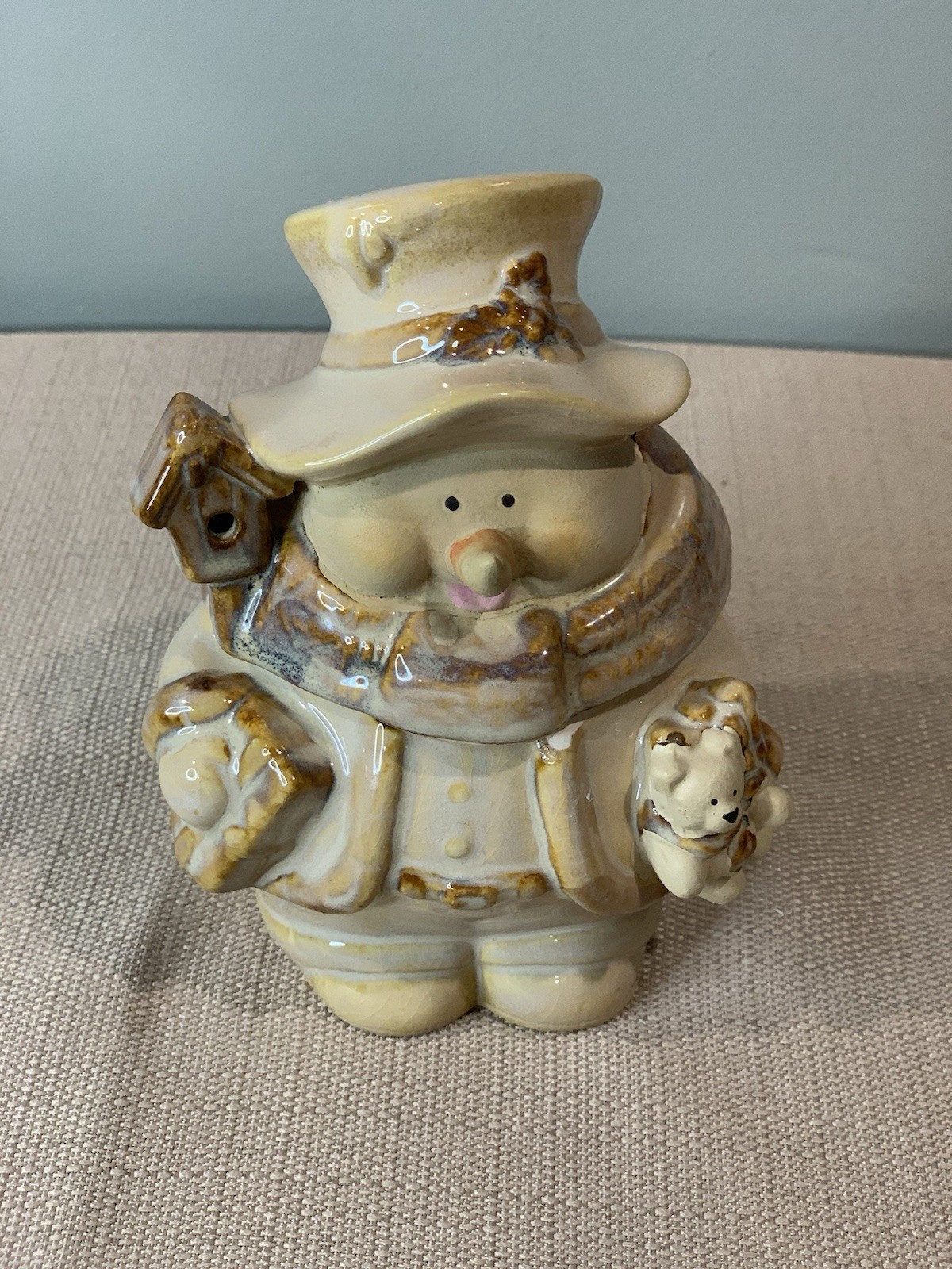 Vintage Holiday Snowman Trinket Candy Gift Jar Made From Bisque Porcelain