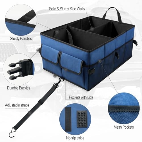 Auto Collapsible Trunk Organizer, 3 Large Compartments and 6 Pockets Dark Blue