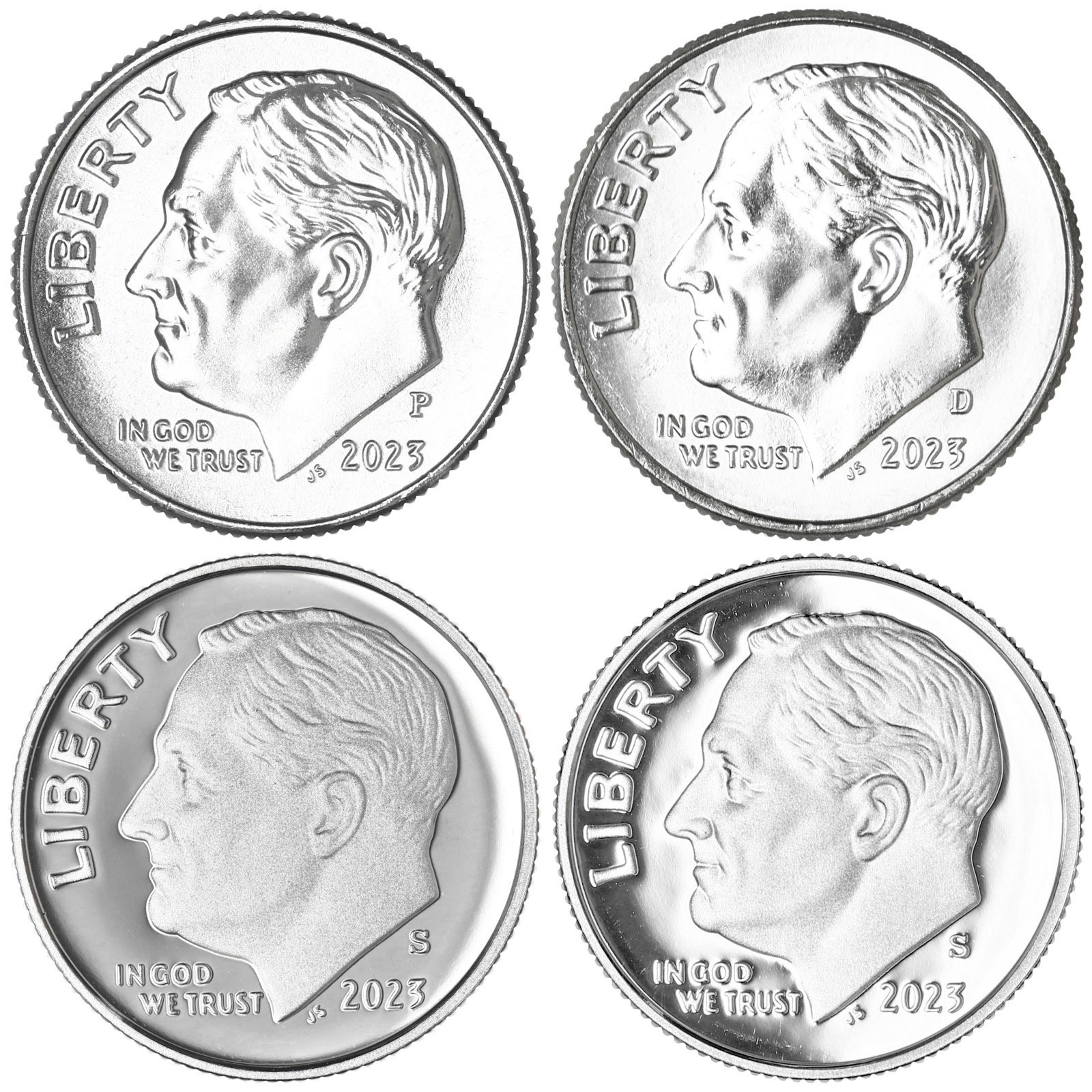 2023 P D S S Roosevelt Dime Year Set Silver & Clad Proof & BU 4 Coin Lot