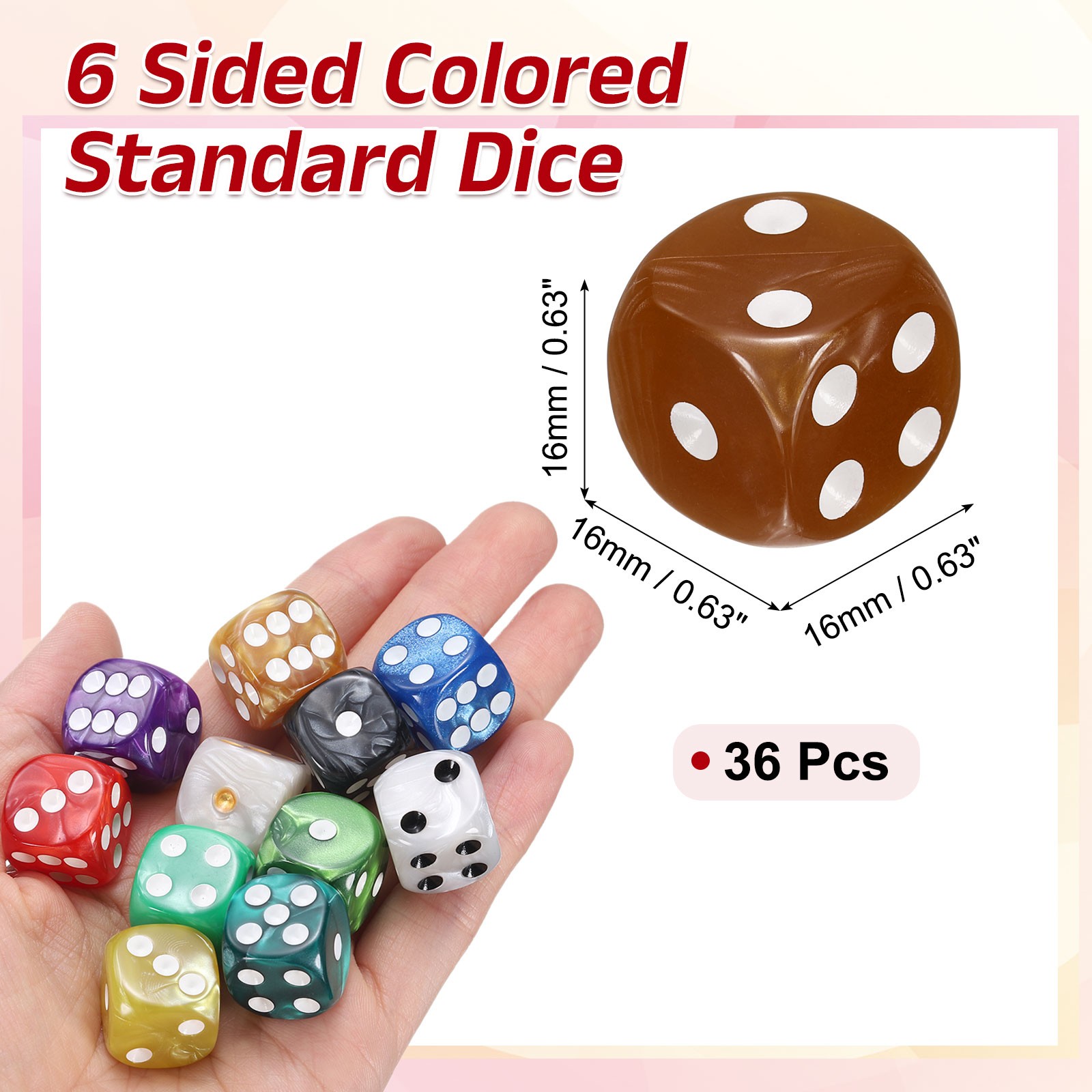 36Pcs 6 Sided Colored Standard Dice, Acrylic D6 Pearl Pattern Dice, Brown