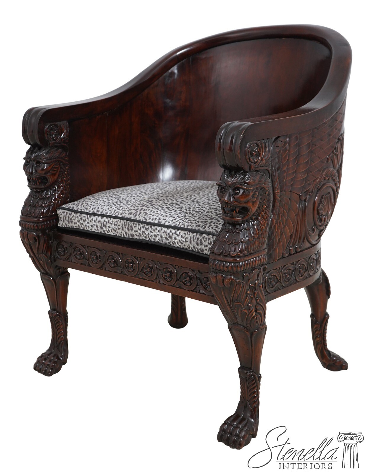 F62511EC: Monumental Ornately Carved Throne Chair w. Upholstered Seat