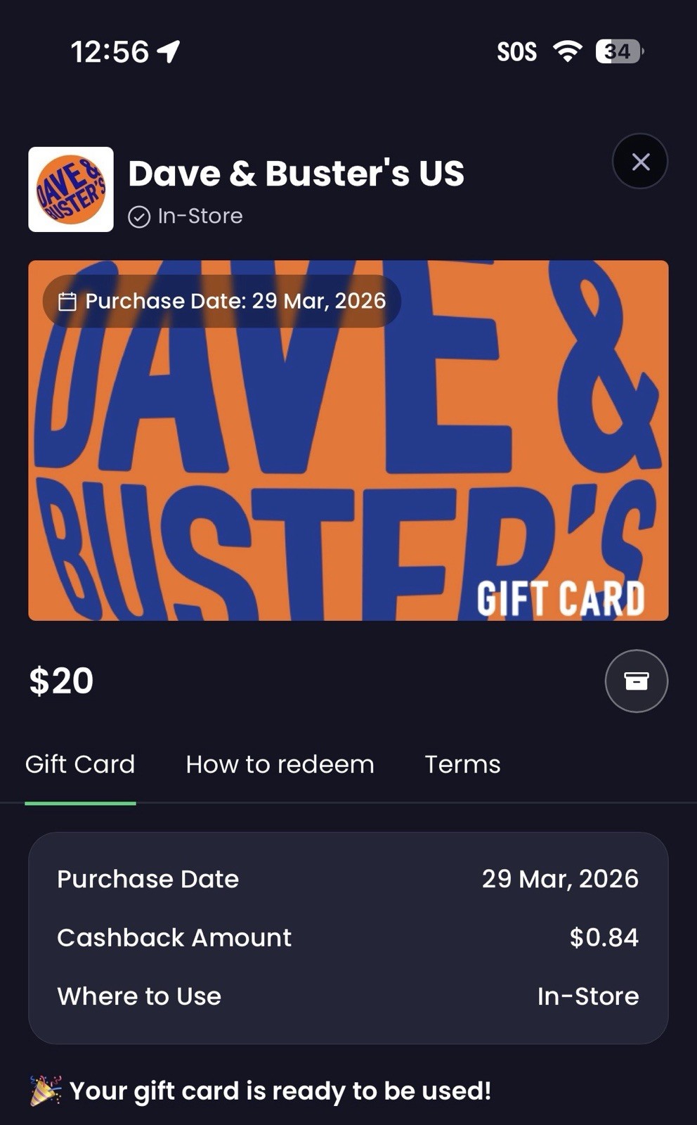 Dave & Buster’s US $20 E-Gift Card Email Delivery