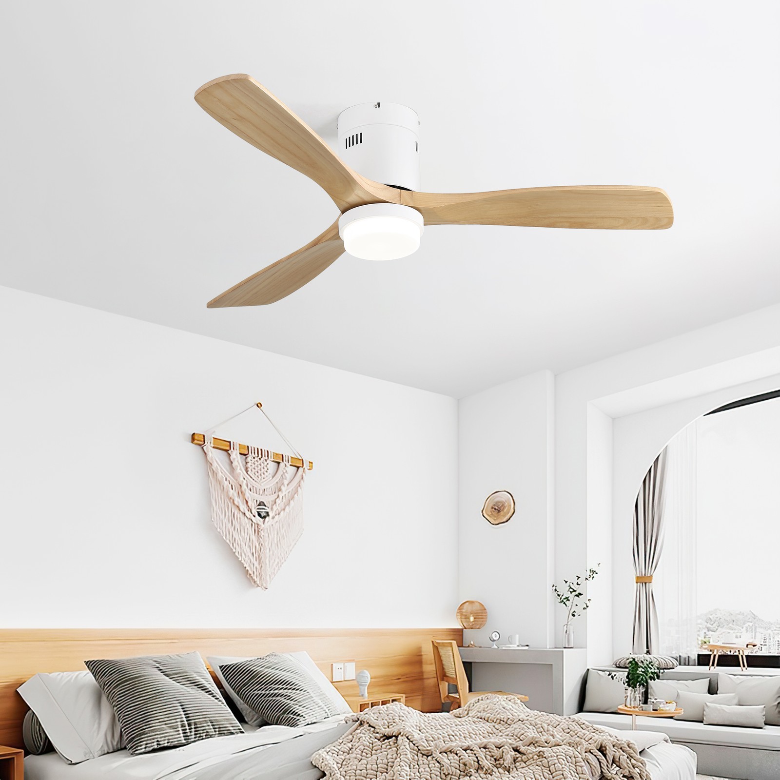 52 Inch Decorative Ceiling Fan With 6 Speed Remote White 3 Solid Wood Blades