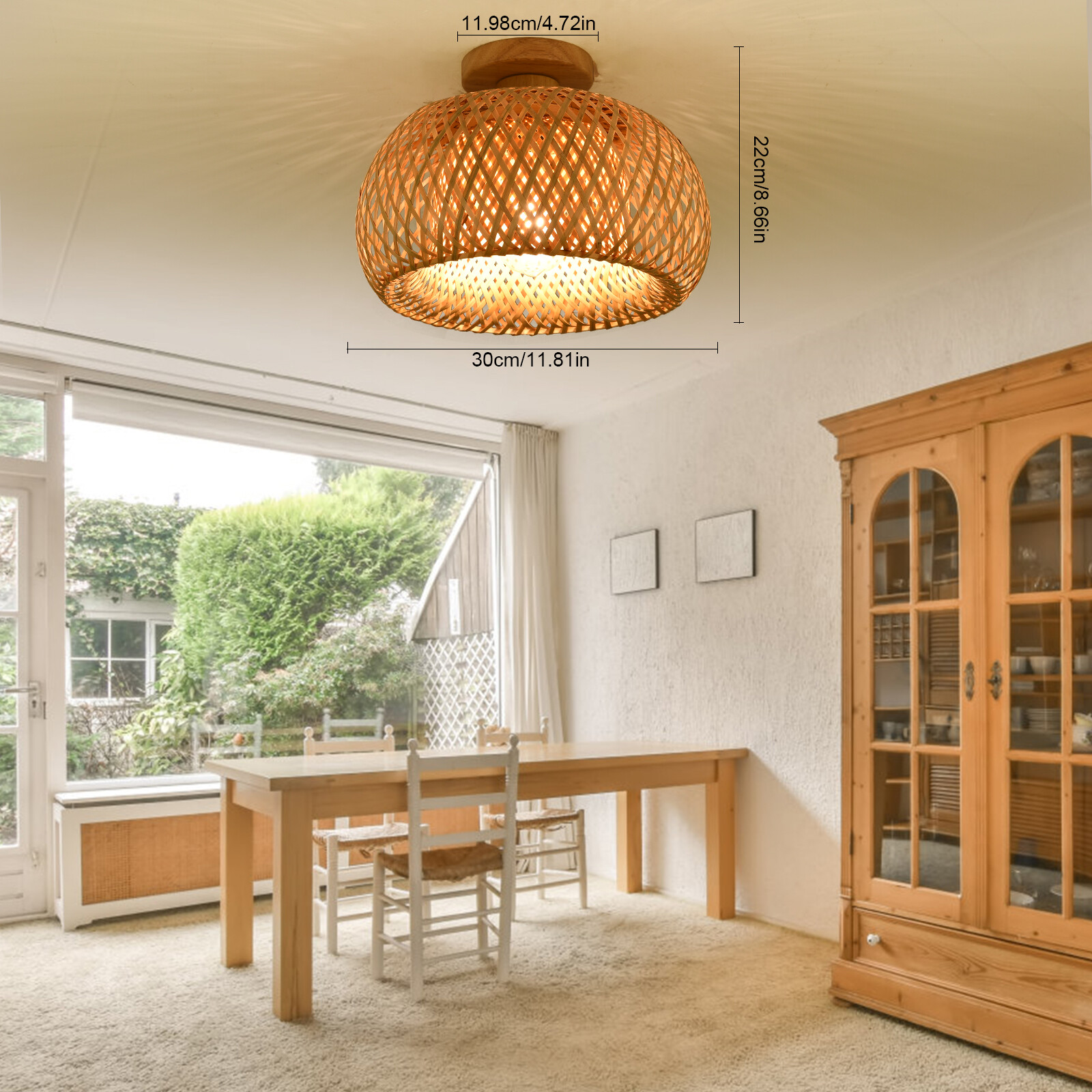 110V E26 Ceiling Light Semicircle Bamboo Pendant Light 60W Indoor Hanging Lamp