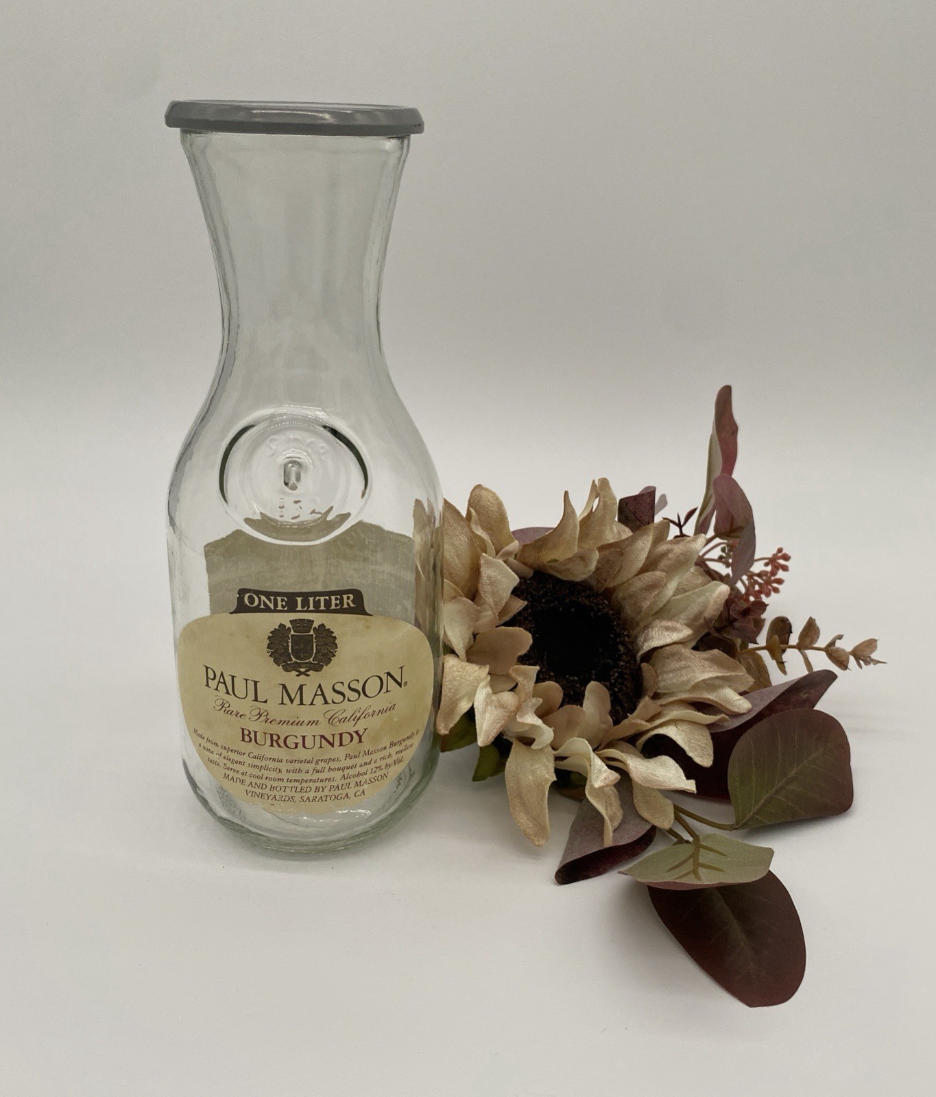 Vtg Paul Masson Glass Burgundy Wine Bottle Lid The California Carafe Label Liter
