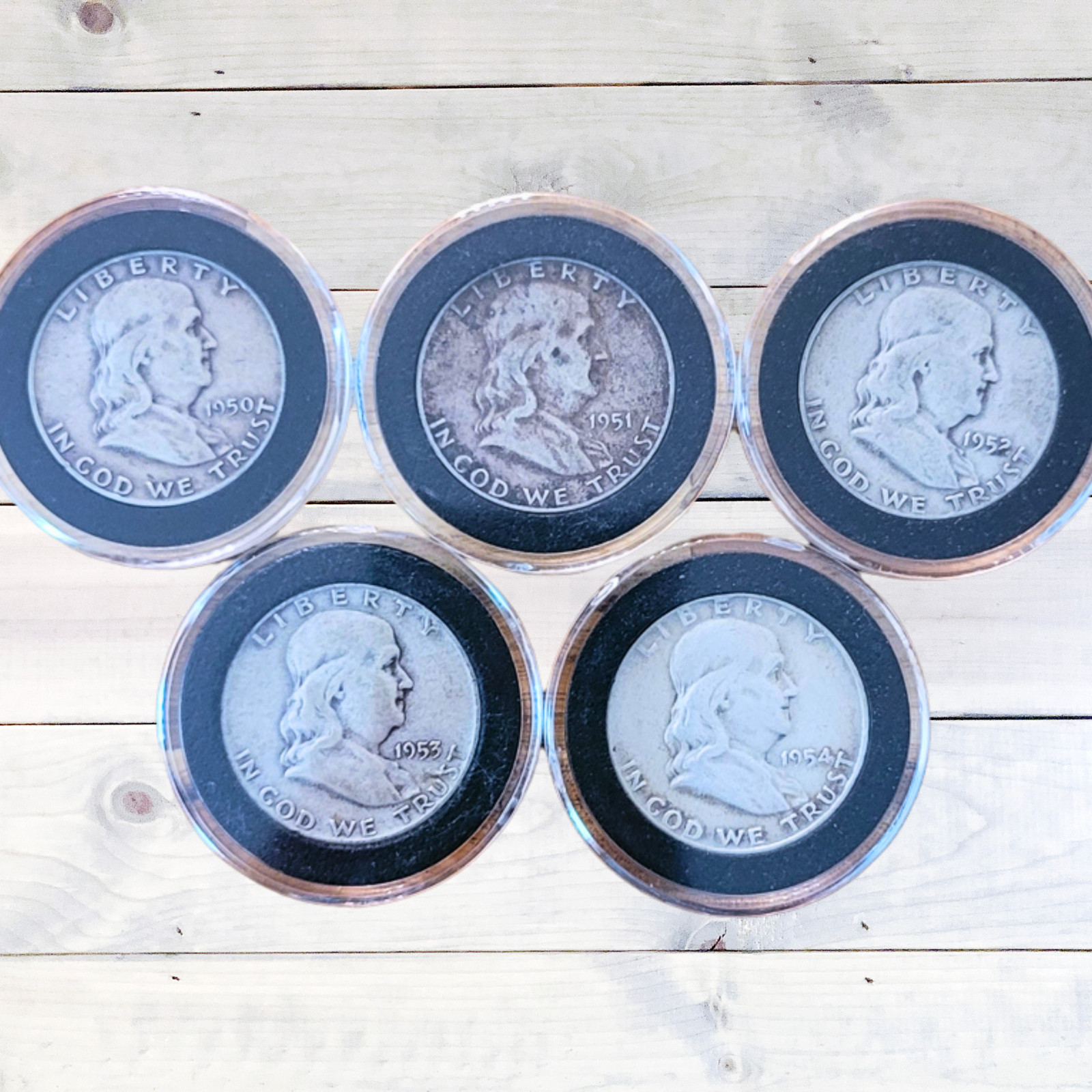 1950, 1951, 1952, 1954 & 1955-Franklin Half Dollar- 5 Coin Set- 90% Silver Coins