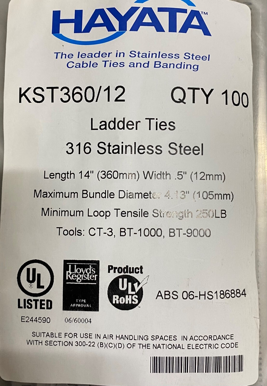 HAYATA KST360/12 316SS LADDER TYPE Cable Tie, 360mmX 12mm 100 Pc's Pkt