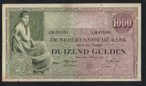 NETHERLANDS 1000 1,000 GULDEN P48 1926 DUTCH WOMAN LARGE RARE MONEY BILL NOTE