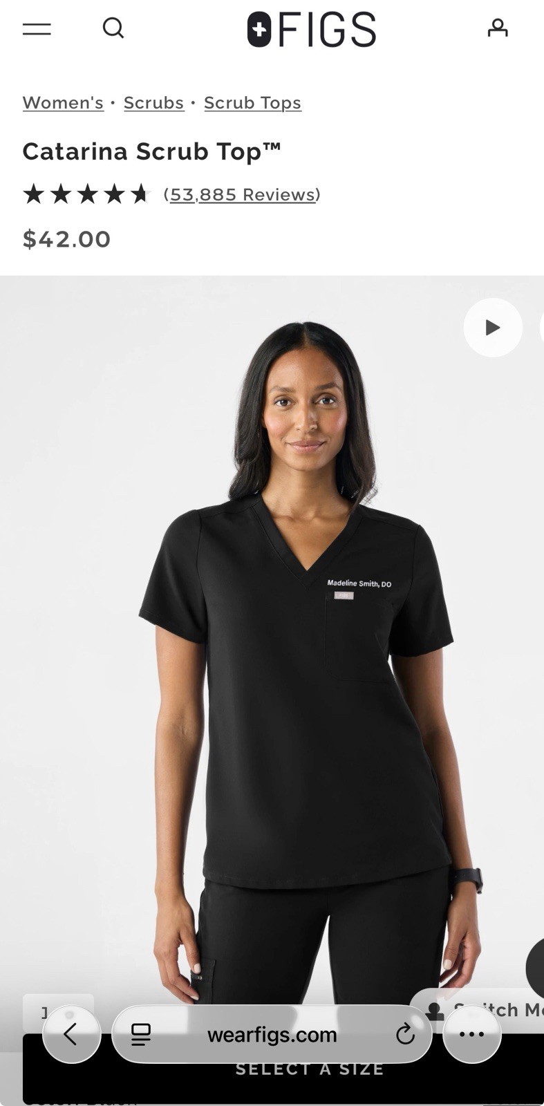 Figs Catarina One-Pocket Top Black Scrub Shirt Women's Size Small NWT