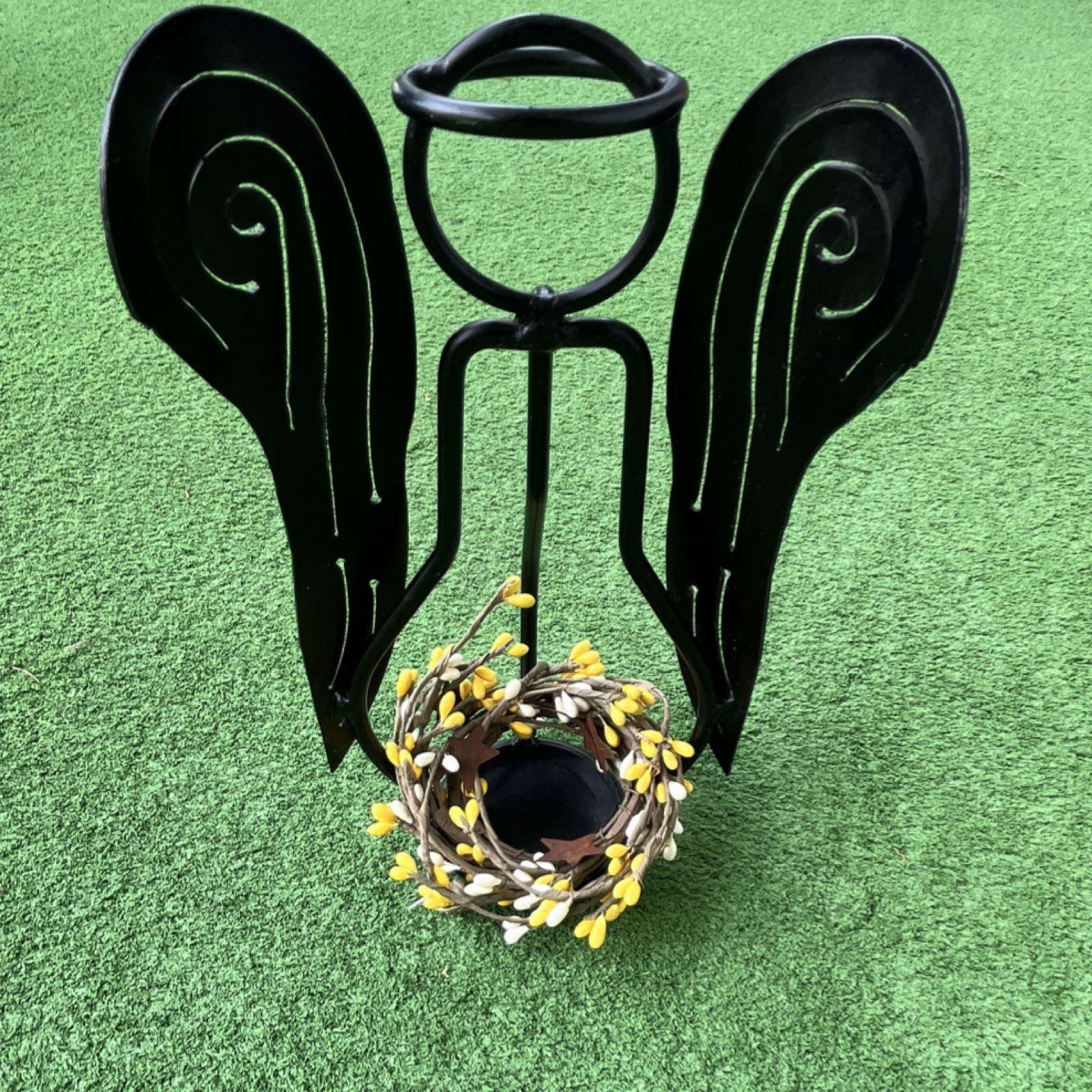 Black Metal Angel Candle Holder with Decorative Swirl Floral Wreath