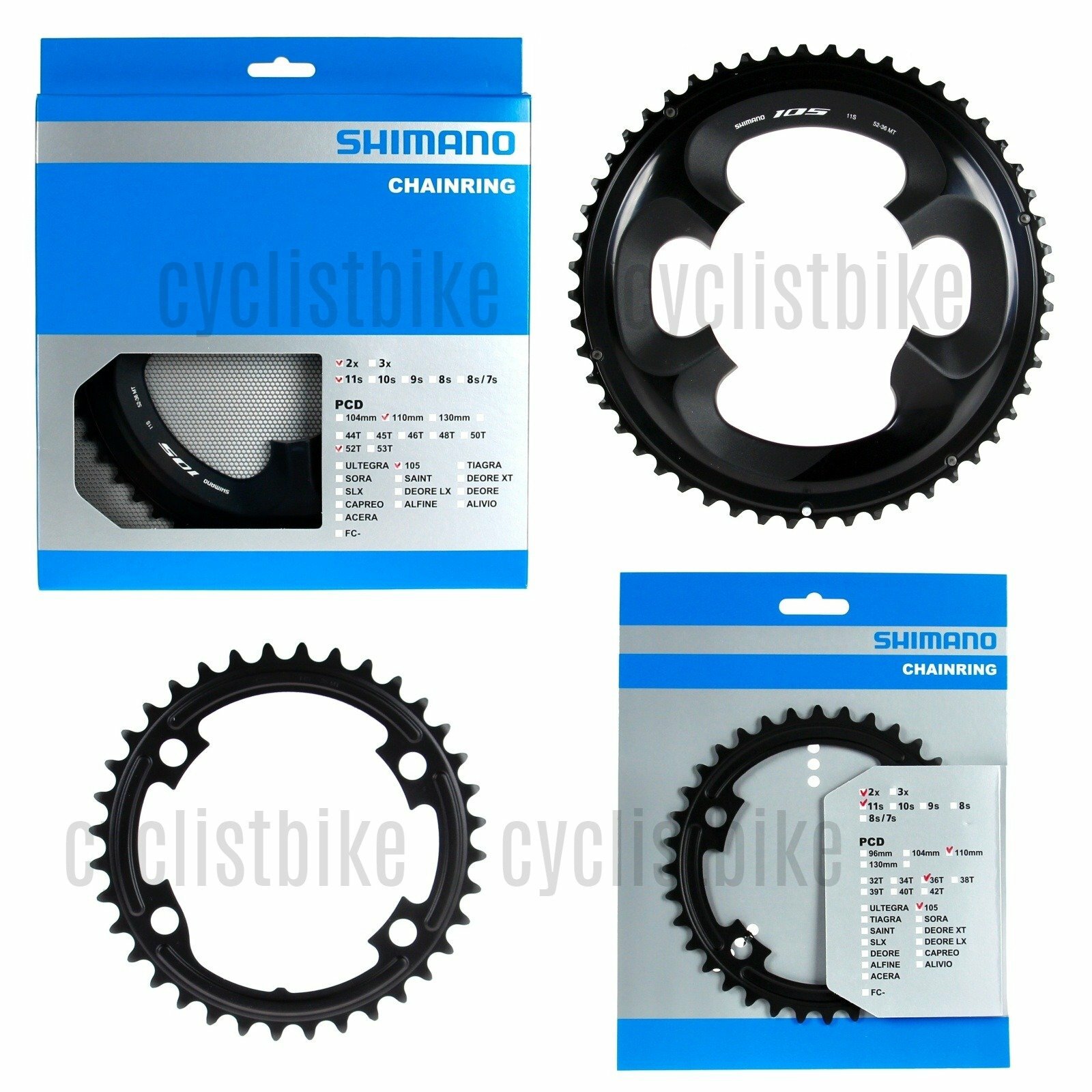 Shimano 105 FC-R7000 110mm BCD 4 Arm Chainrings - 52T & 36T MT Black NIB