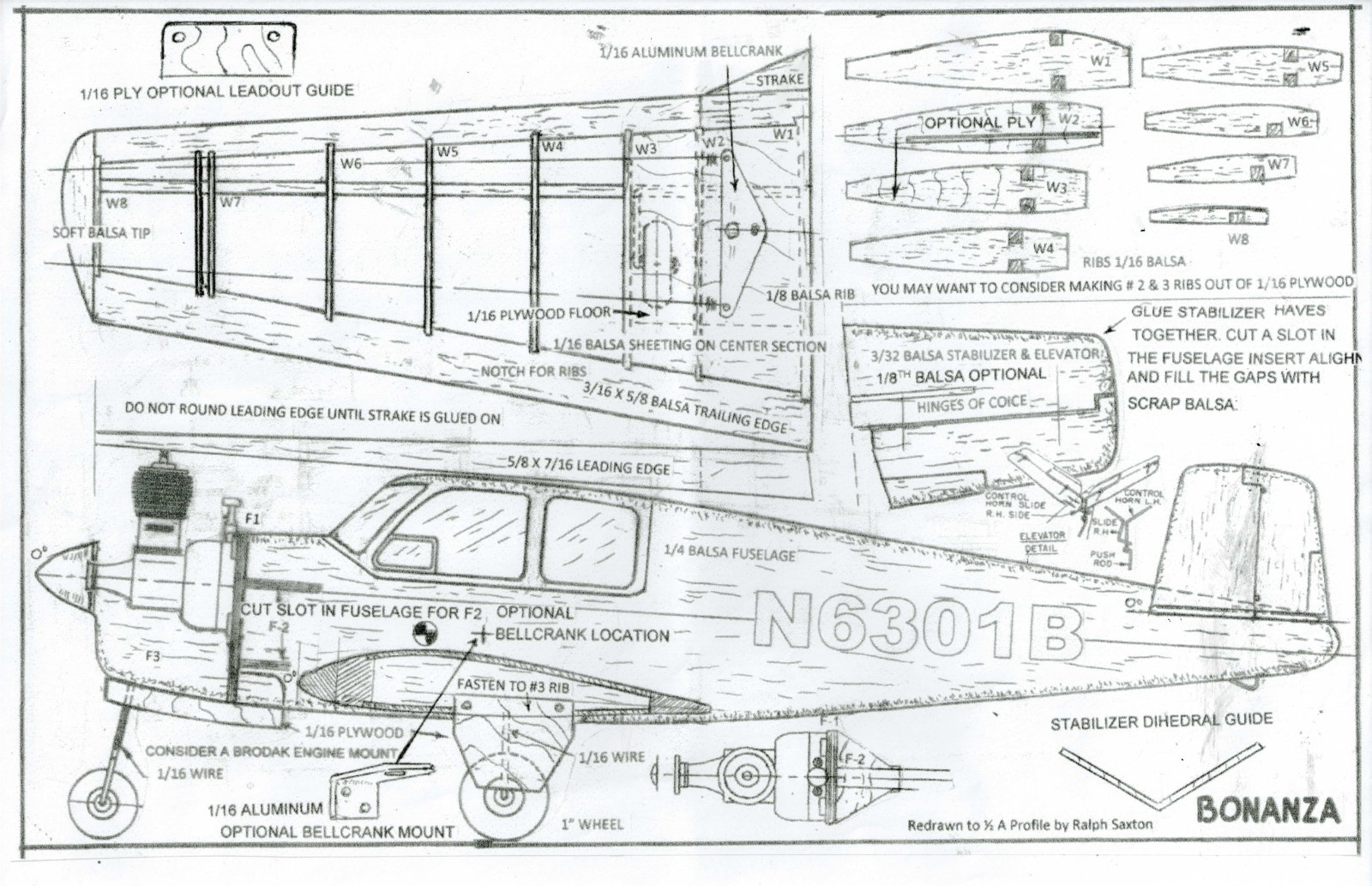 1/2 A  Bonanza  U-Control airplane plan in black and white print