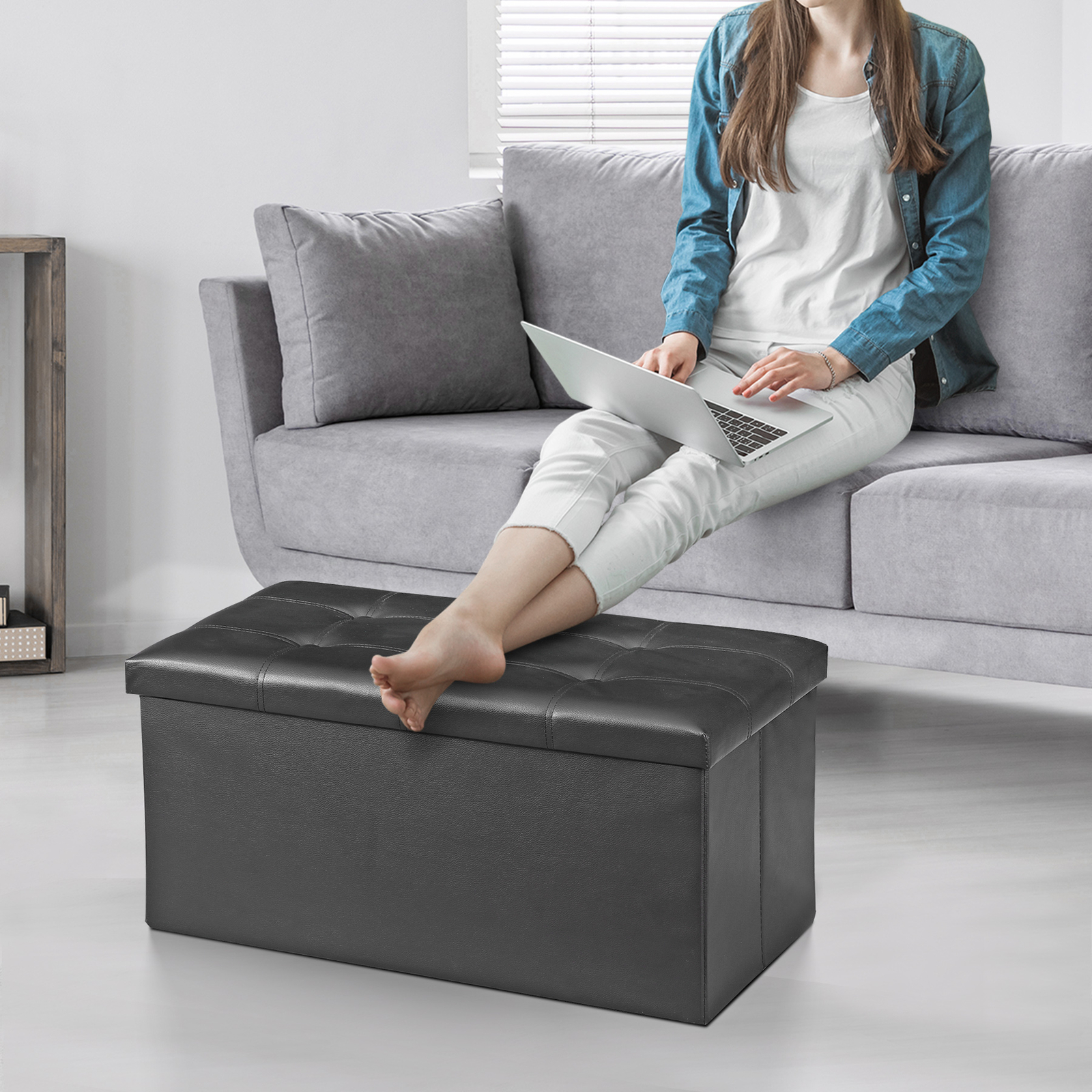 30" Folding Storage Ottoman Footstools MDF Frame Hallway Soft Seat Black