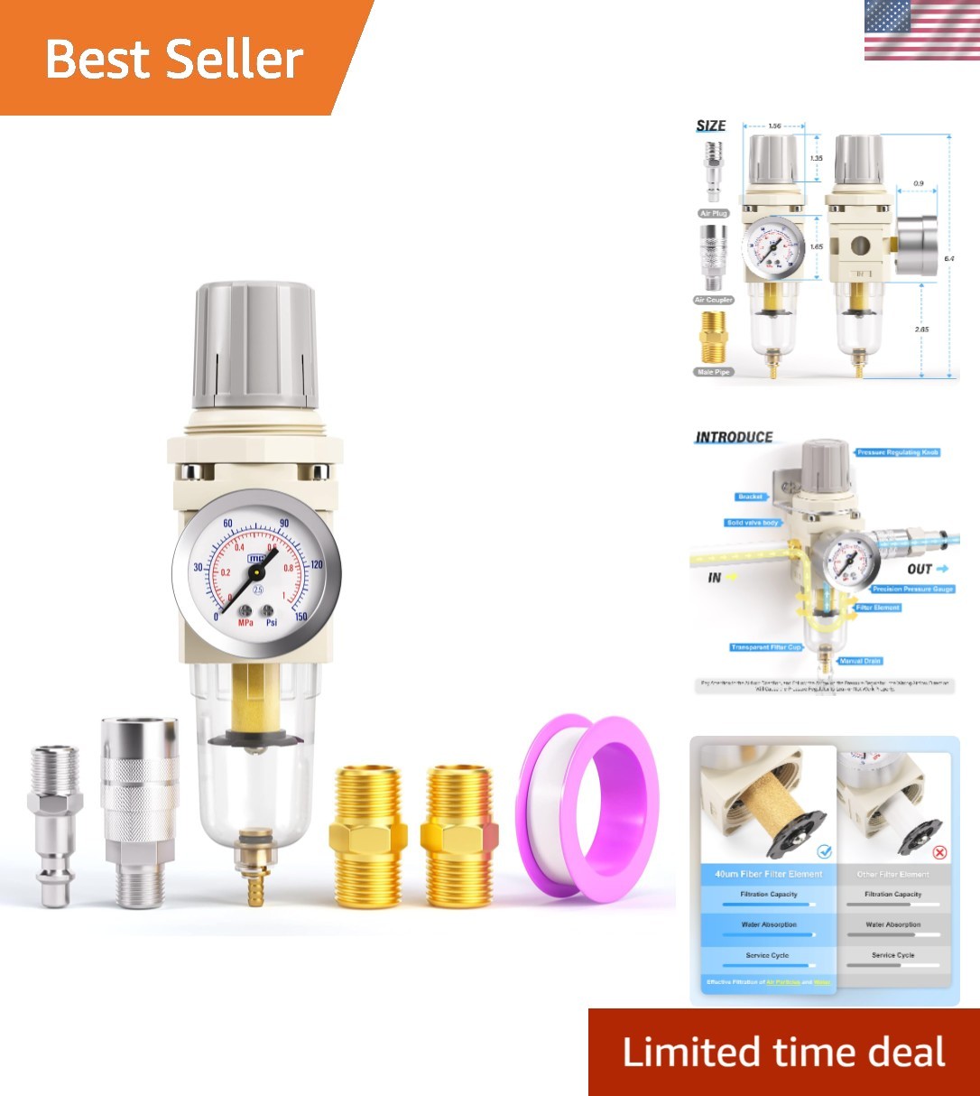 Air Tool Filter Combo with Pressure Regulator & Gauge - Lightweight Aluminum