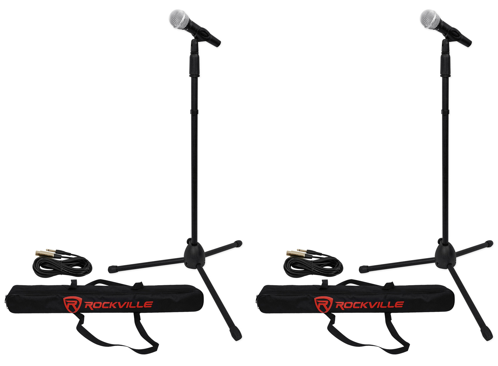 (2) Rockville Pro MIc Kit 1 Metal Microphones + Mic Stands + Carry Bags + Cables