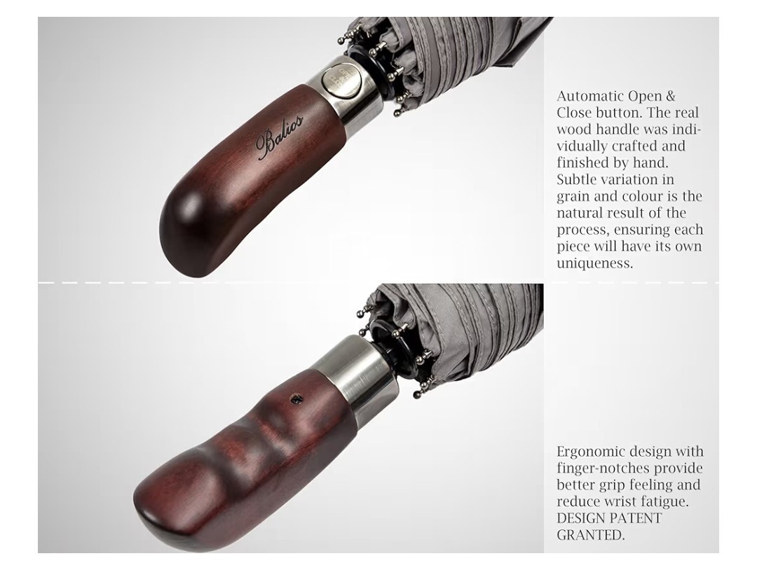Balios Travel Folding Umbrella with Real Wood Handle Auto Open Close Vented...