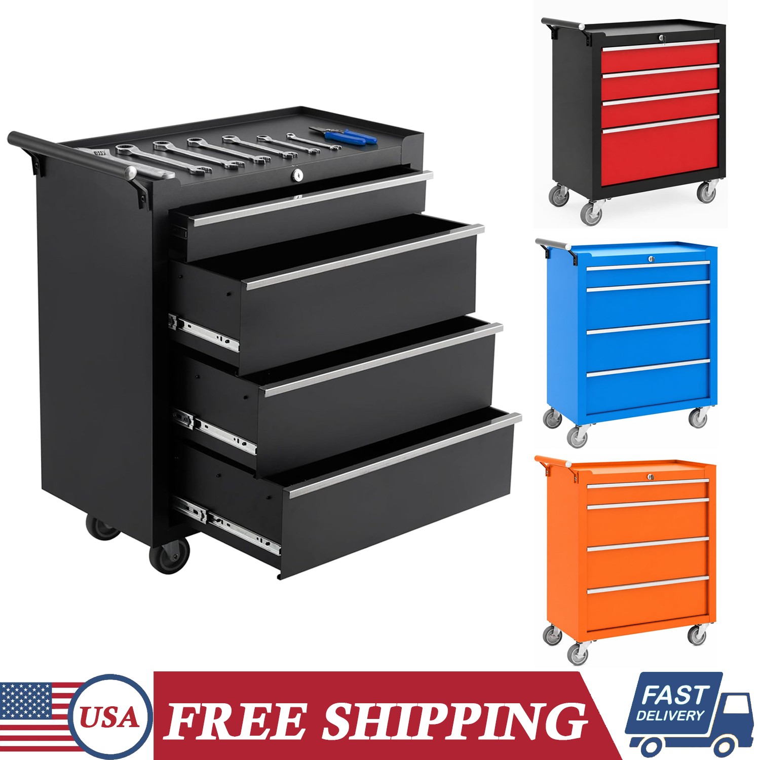 4-Drawers Rolling Tool Chest Portable Tool Box Secure Storage Cabinet 4 Colors