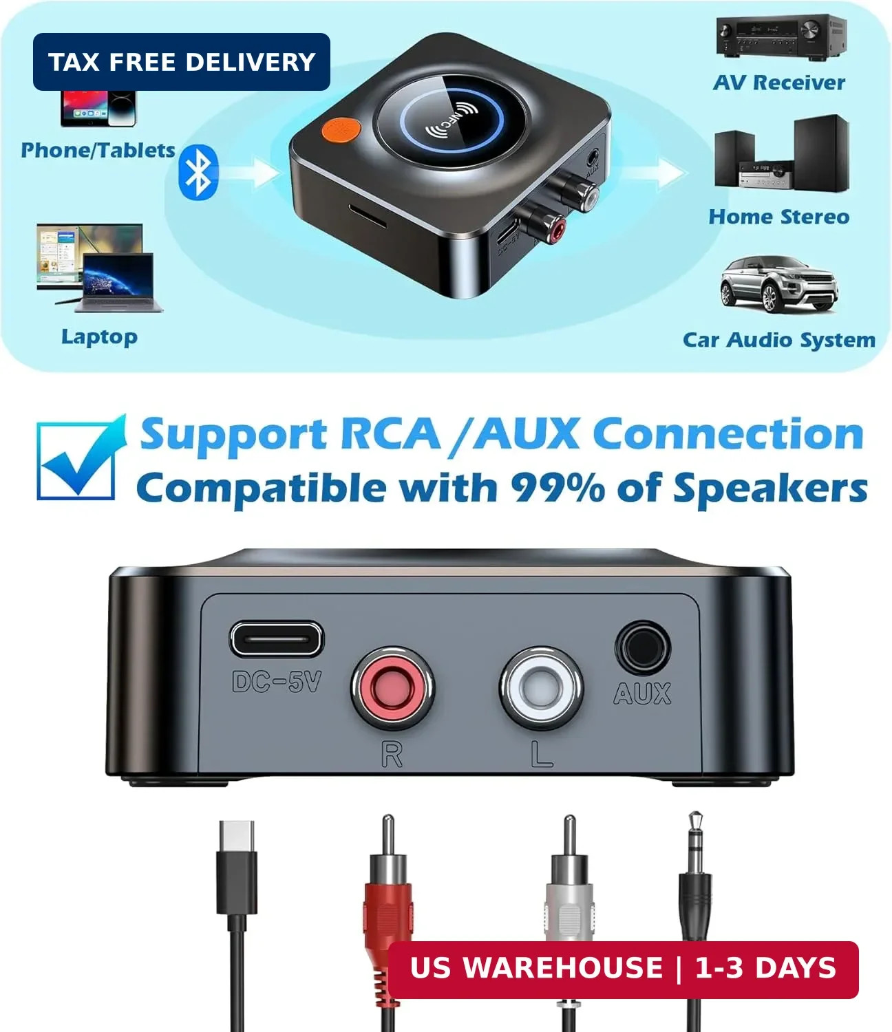 Bluetooth Receiver for Home Stereo, AUX RCA to Bluetooth Adapter | NFC Bluetooth