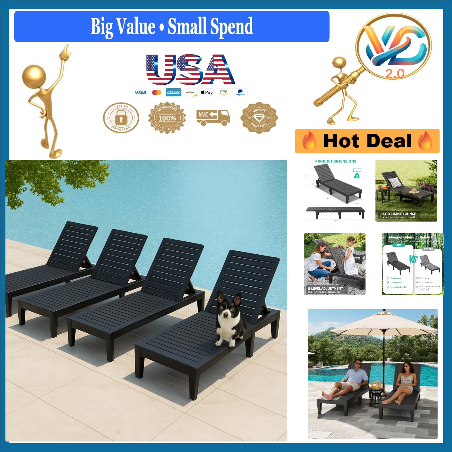 Set of 4 Outdoor Adjustable Chaise Lounge Chairs Wood Texture All-Weather Res...