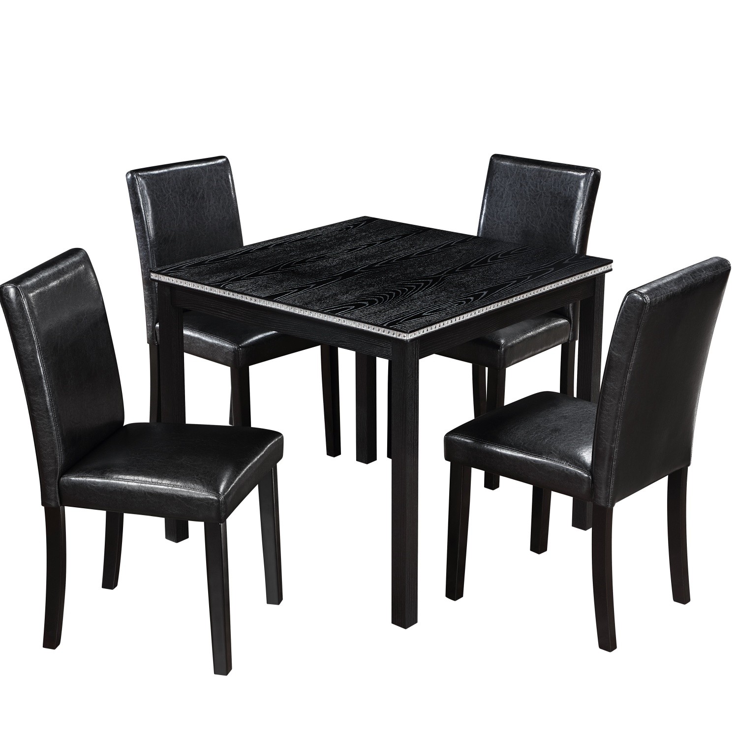 5 Piece Dining Table Set Wood Square Dining Table & 4 PU Upholstered Chair Black