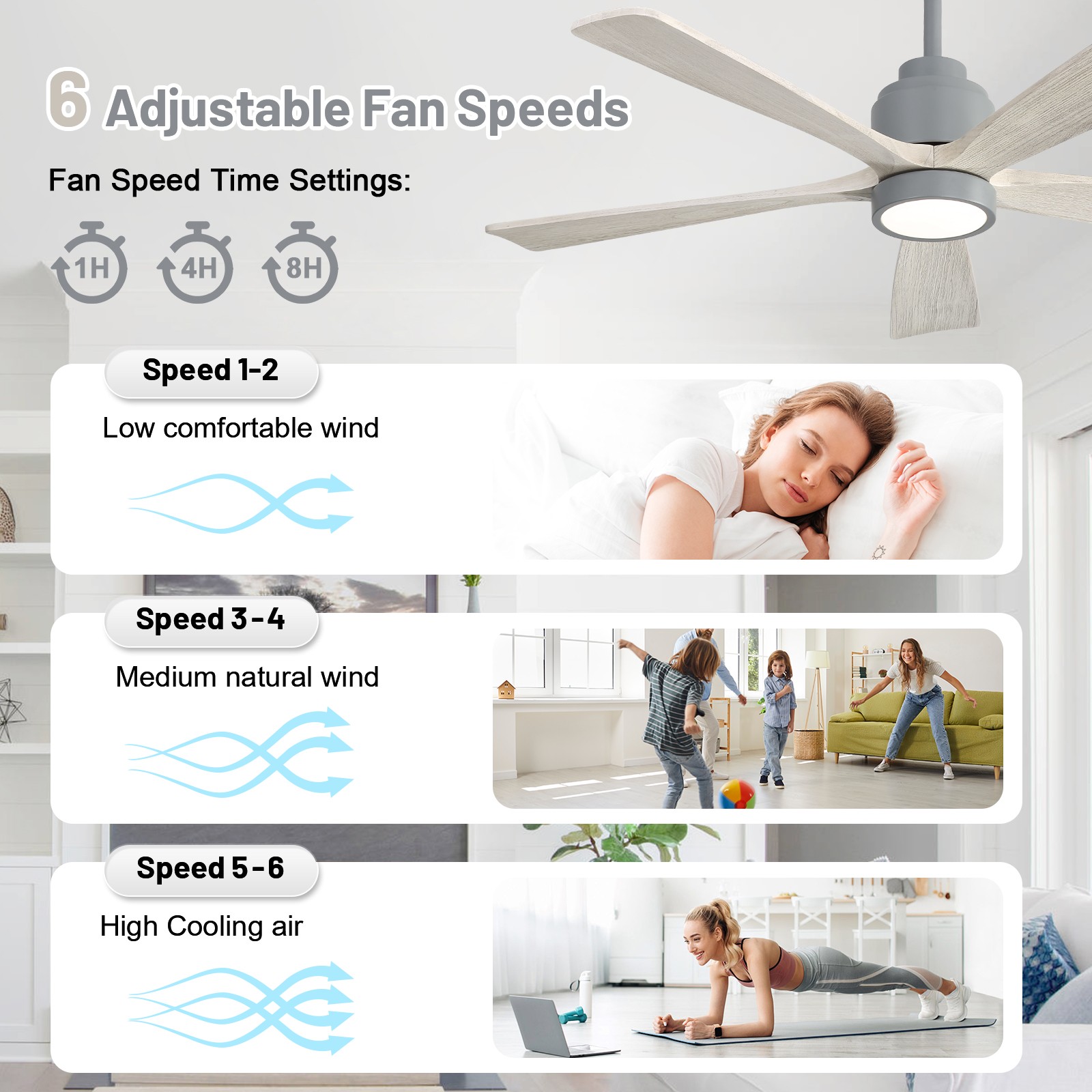 52in Solid Wood Ceiling Fan with Light and Remote Control Quiet Reversible Motor