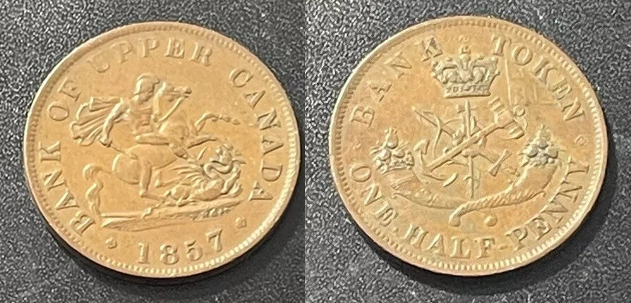 1857 Upper Canada Bank 1/2 Penny token St.George/Crown/Cornucopia/Sword/Anchor