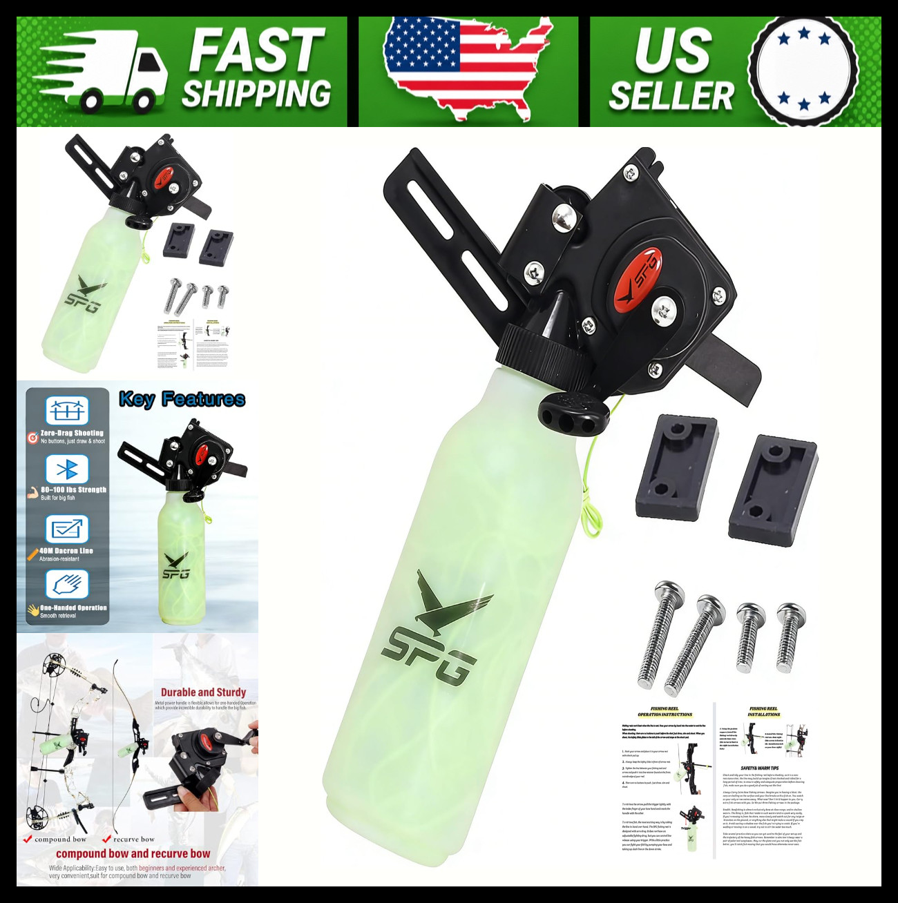 Bowfishing Reel Kit for Recurve & Compound Bow with 100 lb Dacron Line