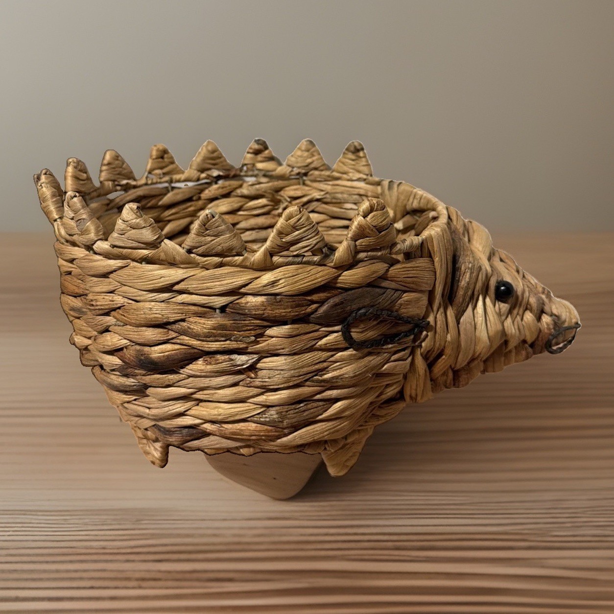 Vintage Woven Hedge Hog Planter Basket with Beaded Eyes 15”w x 9”h x 6”d