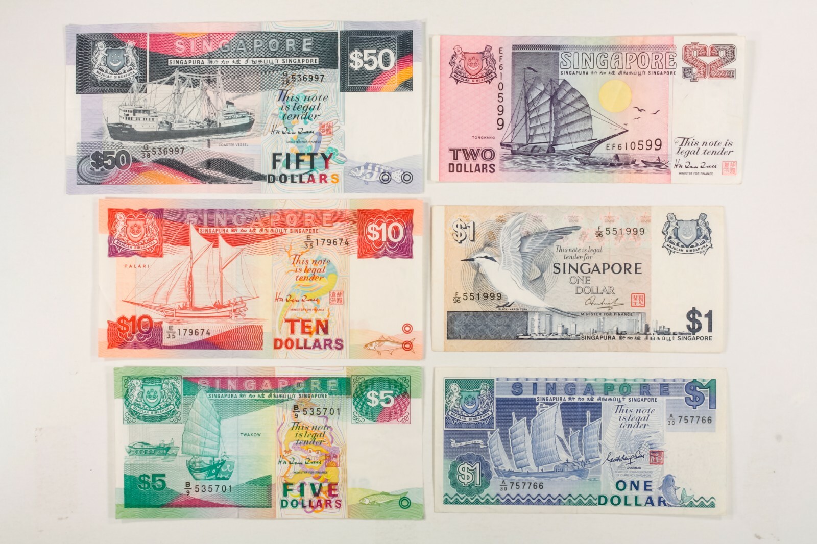 1976 - 1994 Singapore Notes. 6 Note Lot. XF - AU