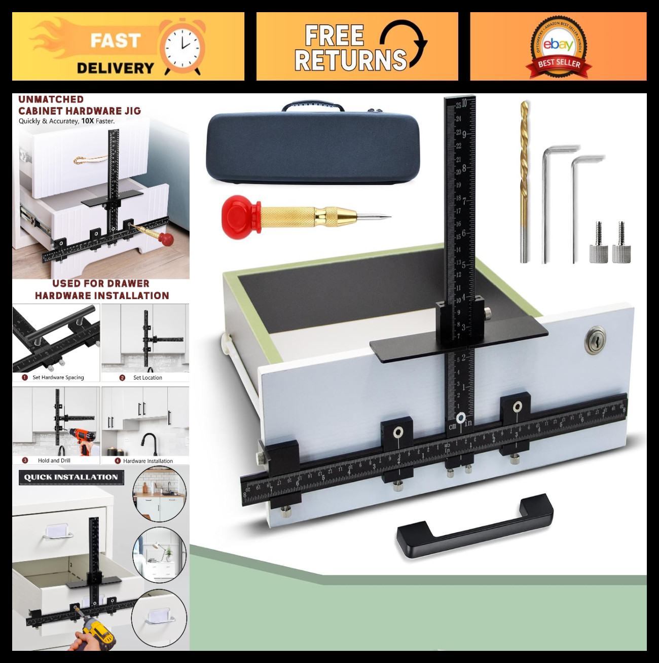Cabinet Hardware Jig Tool - Aluminum Template for Fast, Accurate Handle Installa