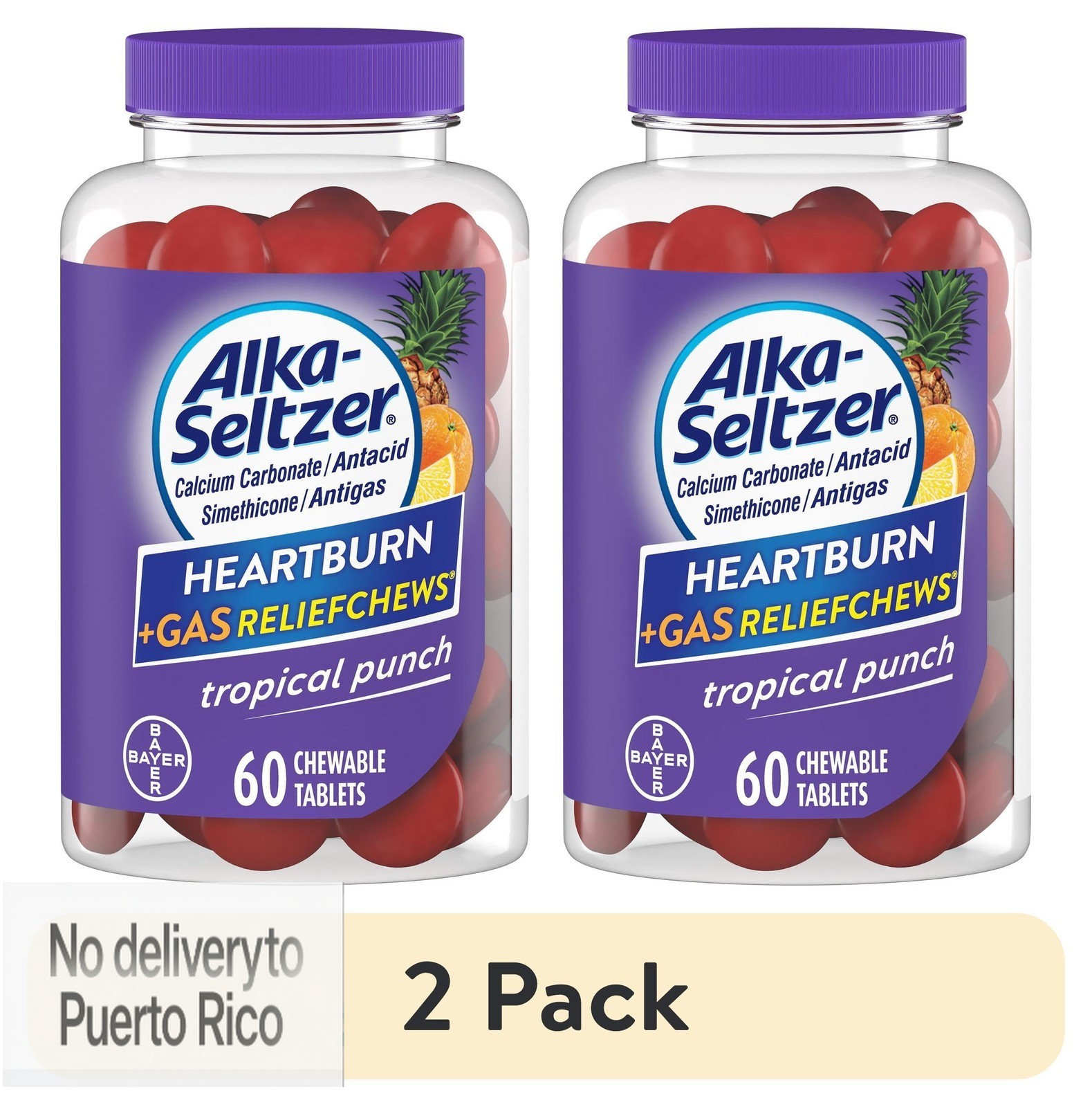 (2 pack) Alka-Seltzer Heartburn Relief + Gas Relief Chews, Tropical Punch 60 Ct