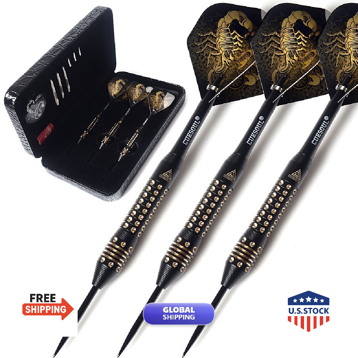 Cuesoul 20 Grams Steel Tip Darts Set Black Deluxe Pu Darts Case-Black Scorpion