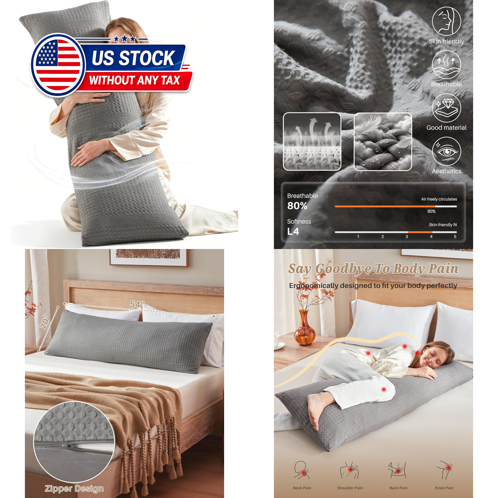 Body Pillow Waffle Weave Memory Foam Insert 20x54 Inch Adult Support Pillow Grey