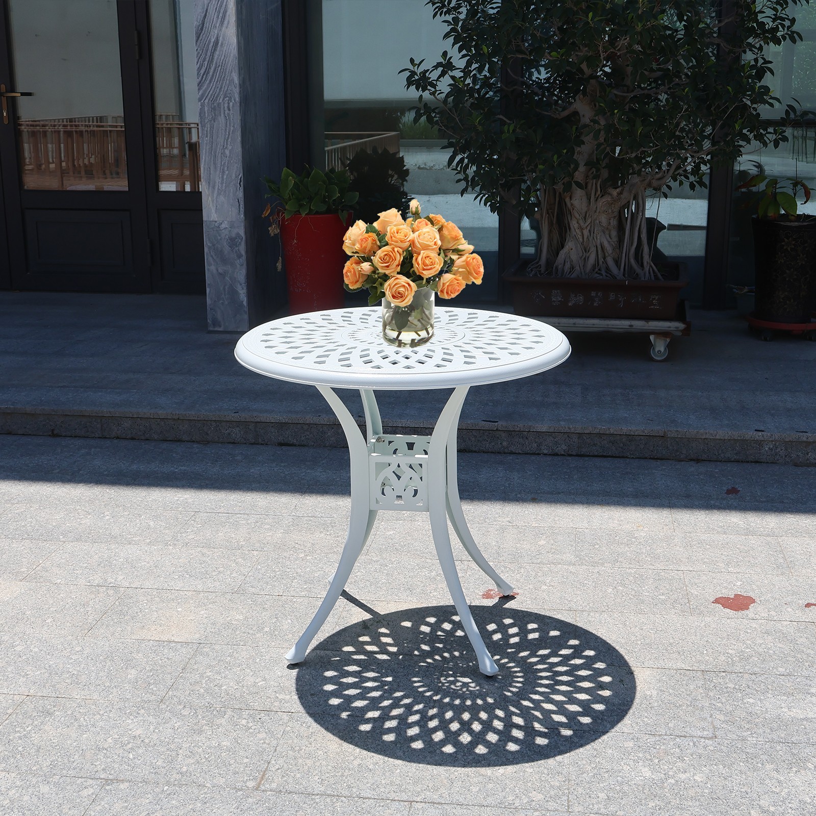 30 in Patio Table with Umbrella Hole Round Outdoor Table White Bistro Table