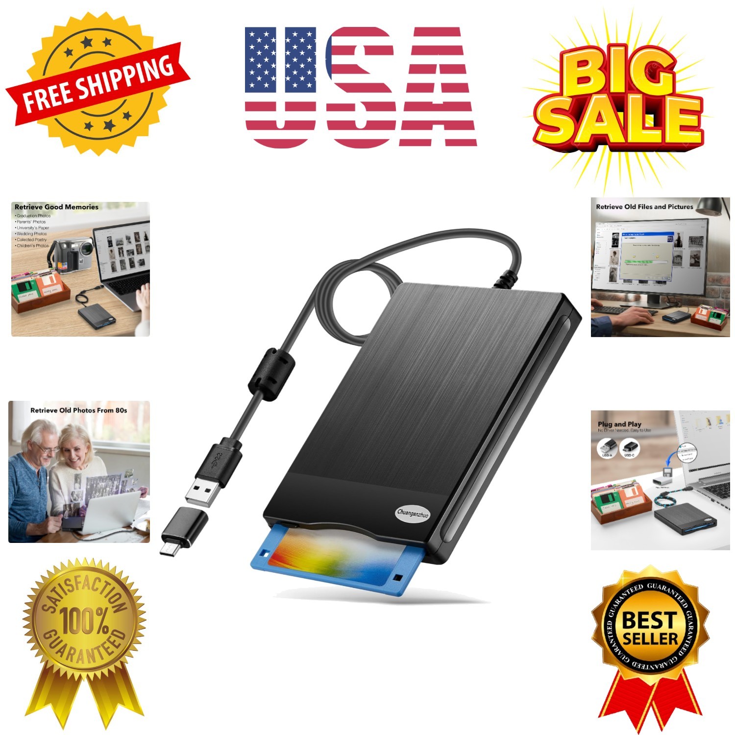 Floppy Disk Reader, 3.5 inch USB Type A&C External Floppy Disk Drive, 3 1/2 F...