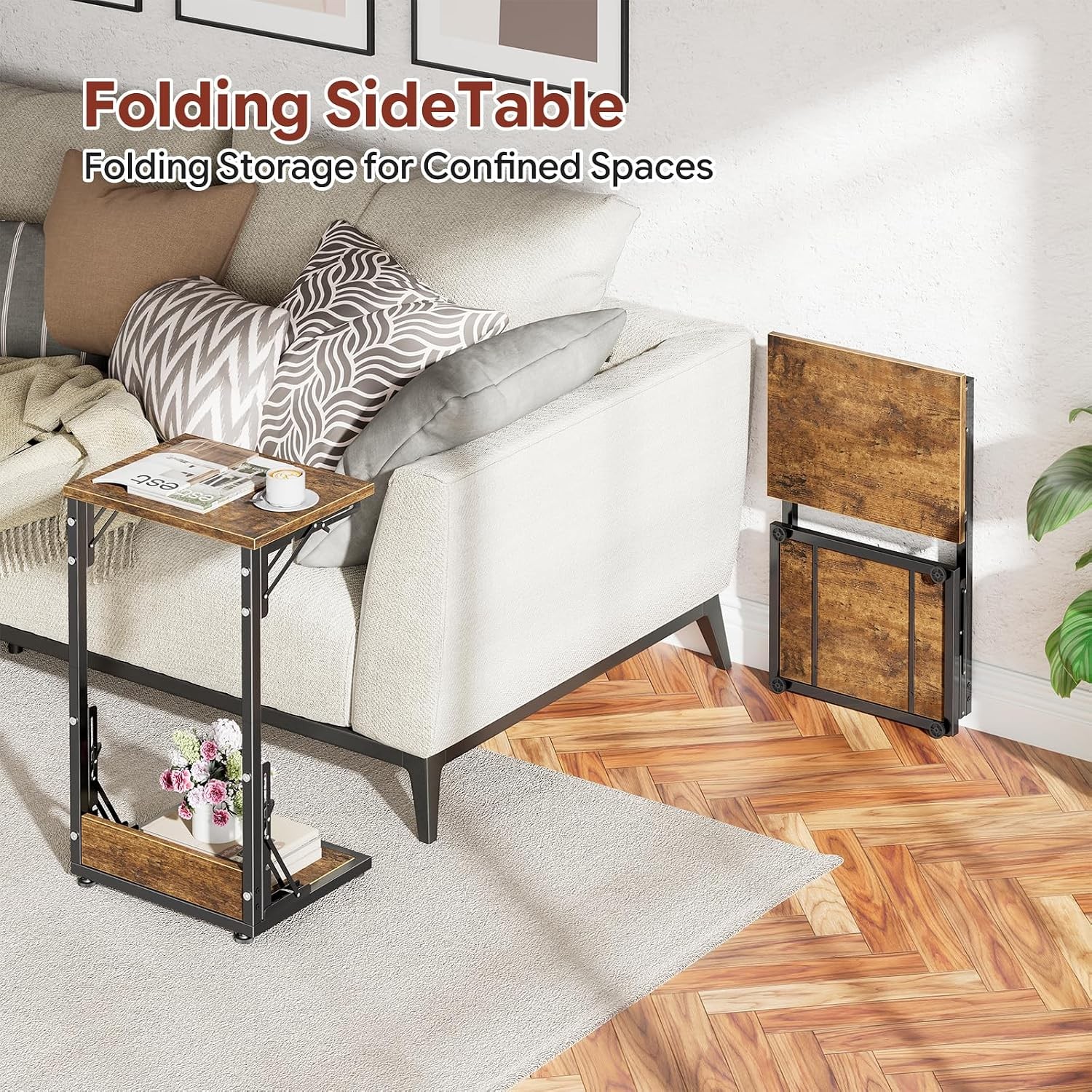 C Shaped End Table Folding TV Tray Table Side Table Living Bedroom Rustic Brown